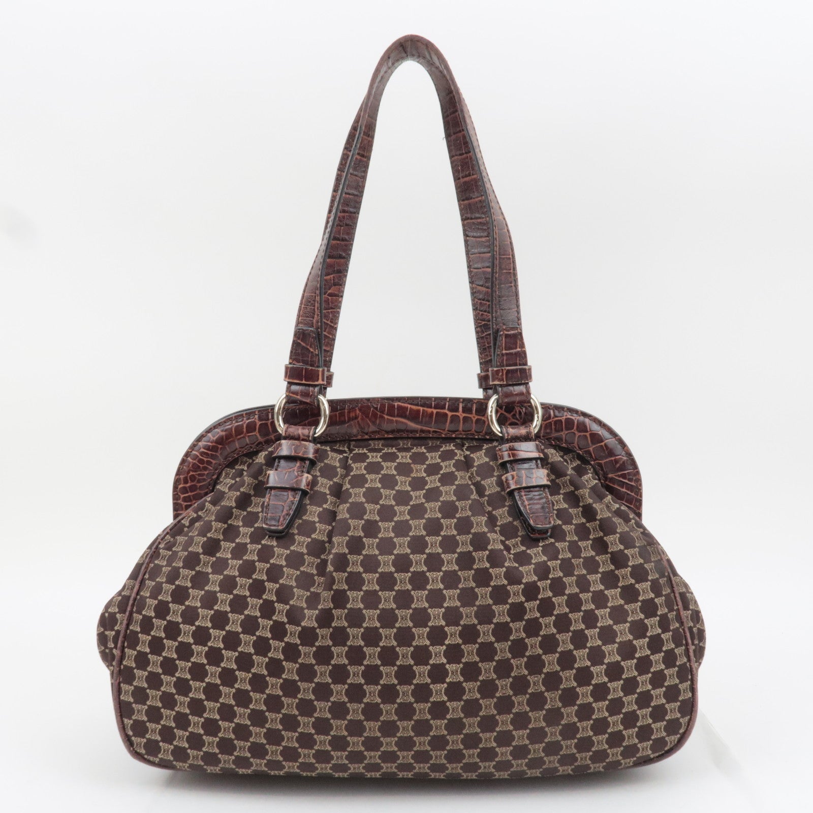 CELINE Macadam Canvas Embossed Leather Shoulder Bag Brown