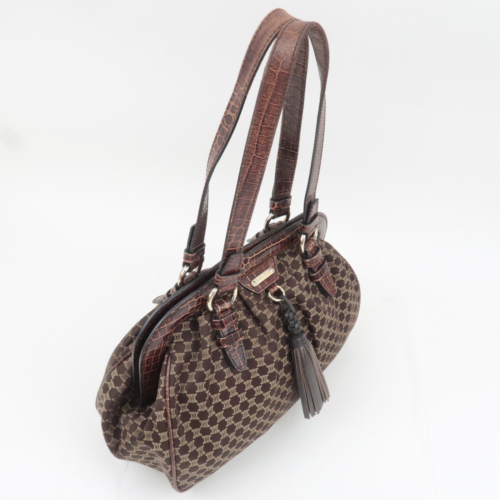 CELINE Macadam Canvas Embossed Leather Shoulder Bag Brown