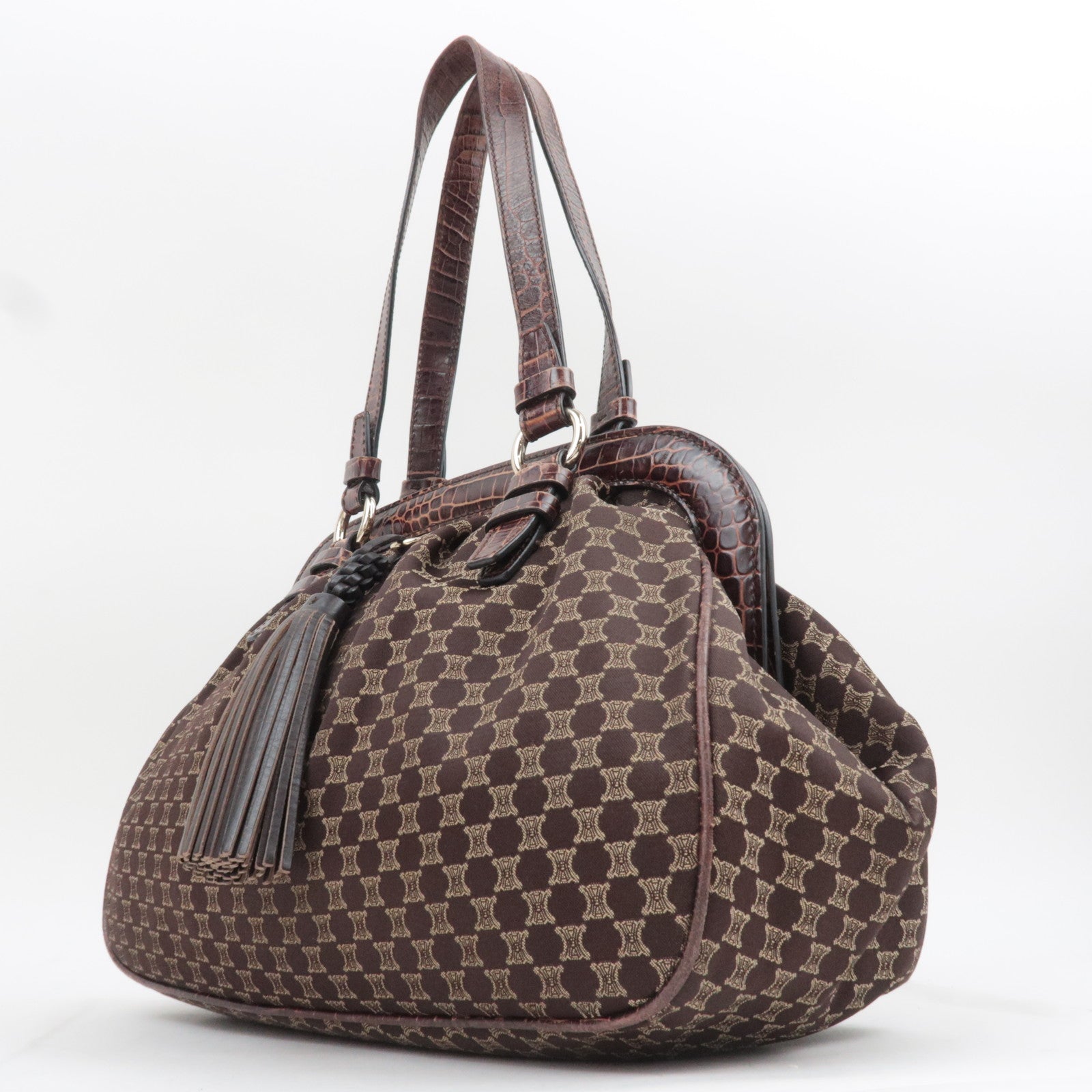 CELINE Macadam Canvas Embossed Leather Shoulder Bag Brown