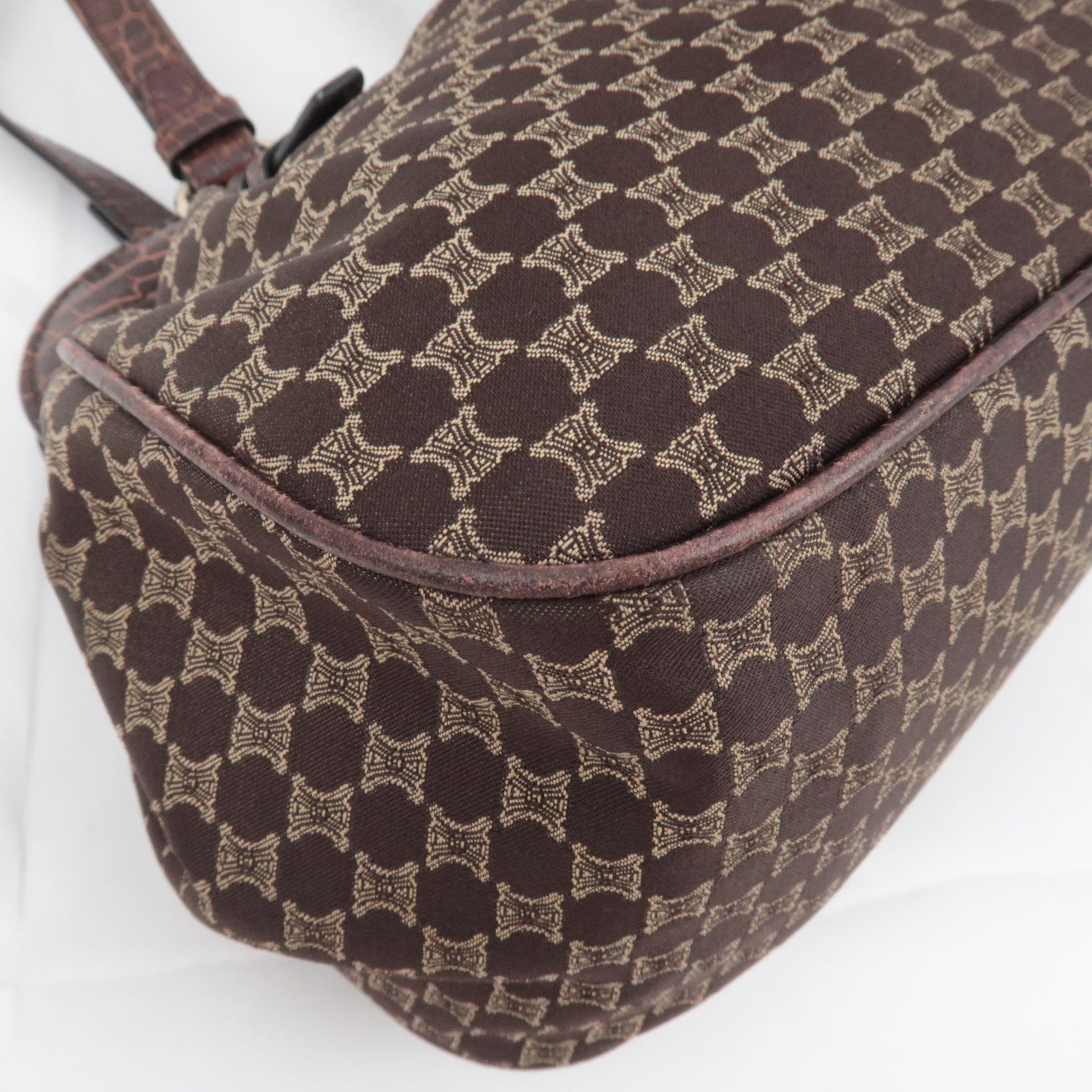 CELINE Macadam Canvas Embossed Leather Shoulder Bag Brown