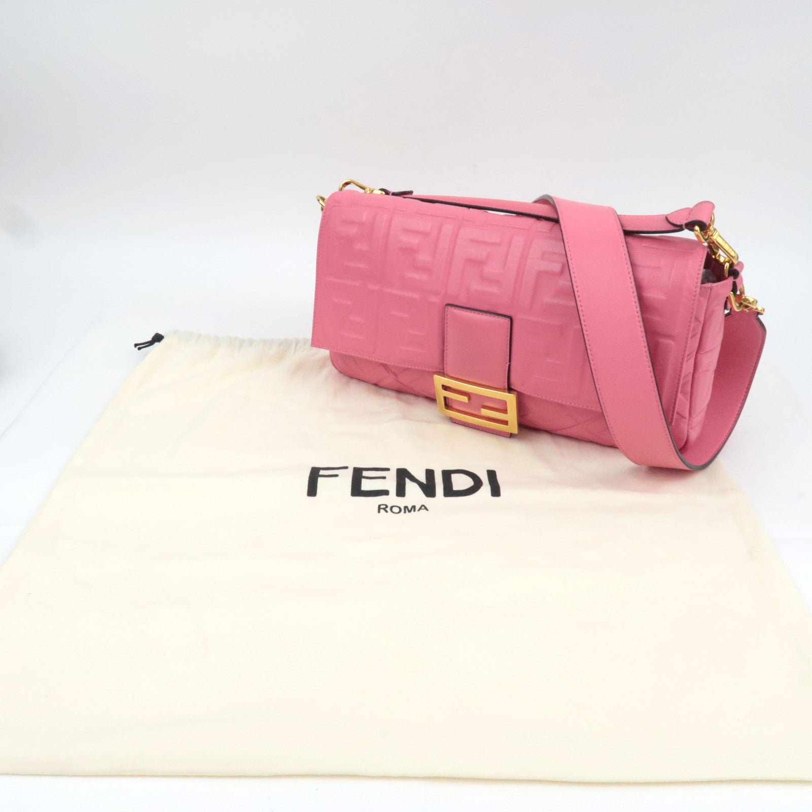 FENDI Zucca Mamma Baguette Large 2Way Leather Shoulder Bag Pink 8BR771