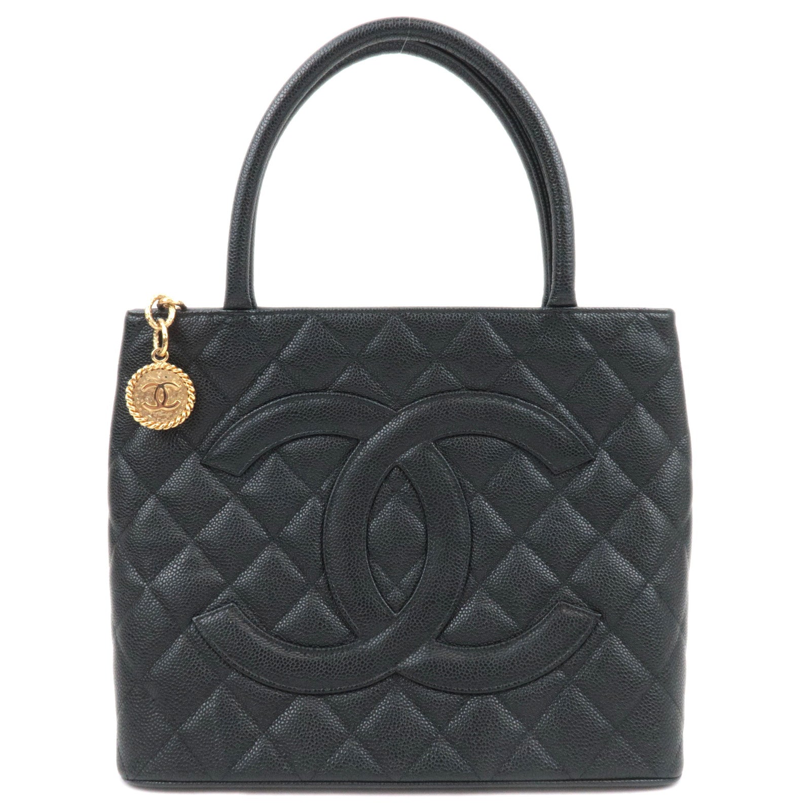 CHANEL Medallion Tote Caviarskin Black Gold HDW A0180489377