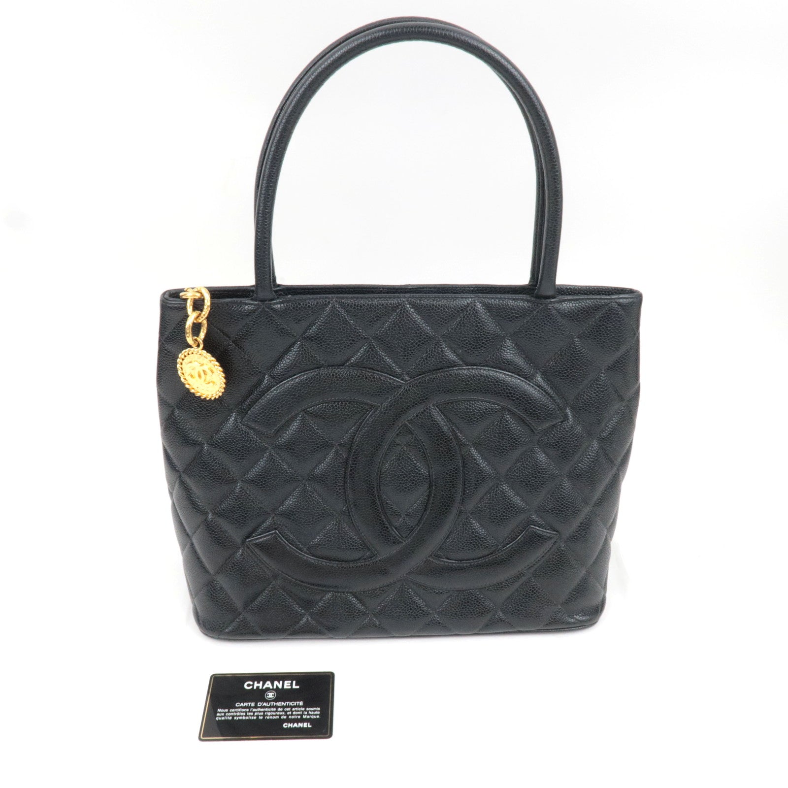 CHANEL Medallion Tote Caviarskin Black Gold HDW A01804