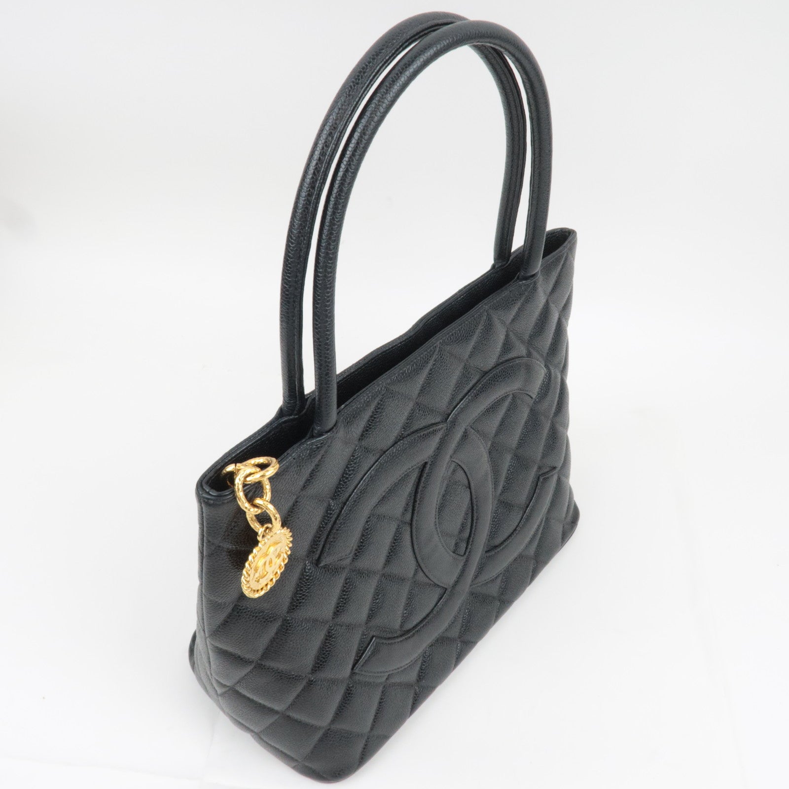 CHANEL Medallion Tote Caviarskin Black Gold HDW A01804