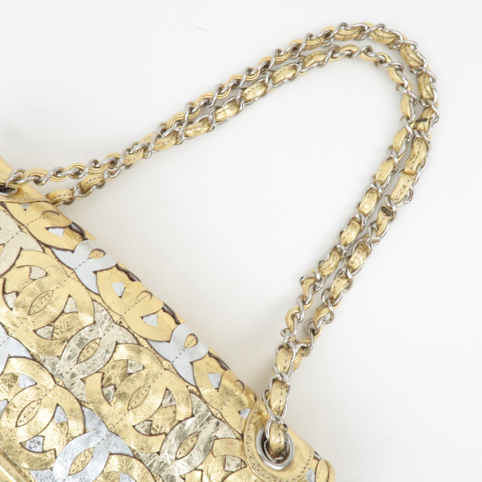 CHANEL Coco Mark Patchwork Leather Chain Shoulder Bag Gold Silver Color