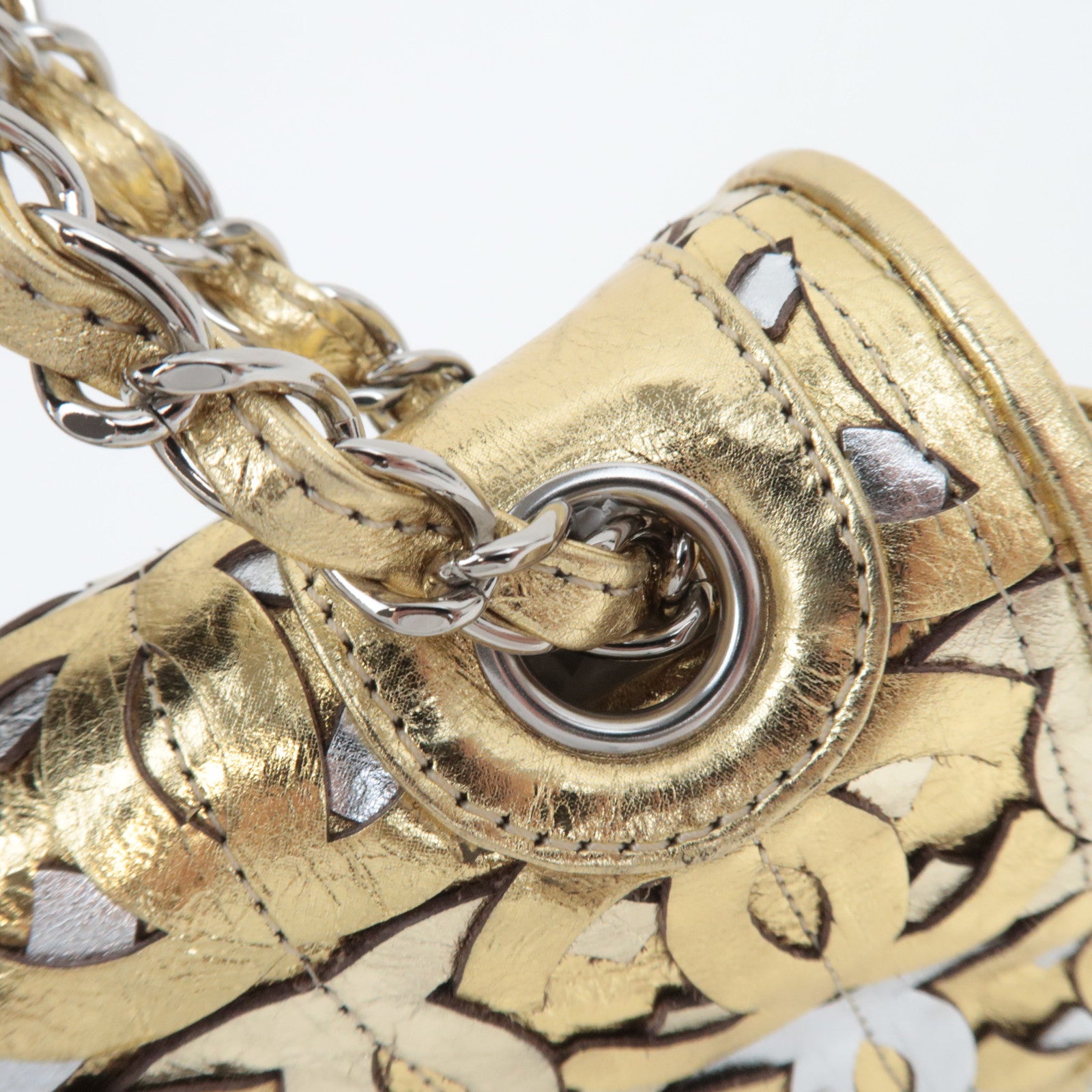 CHANEL Coco Mark Patchwork Leather Chain Shoulder Bag Gold Silver Color