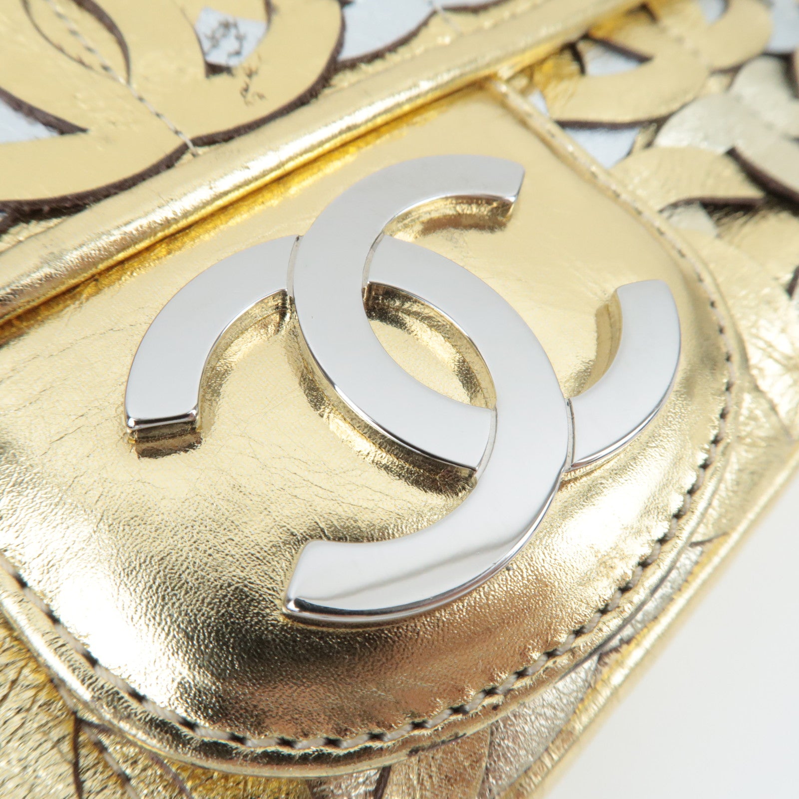 CHANEL Coco Mark Patchwork Leather Chain Shoulder Bag Gold Silver Color