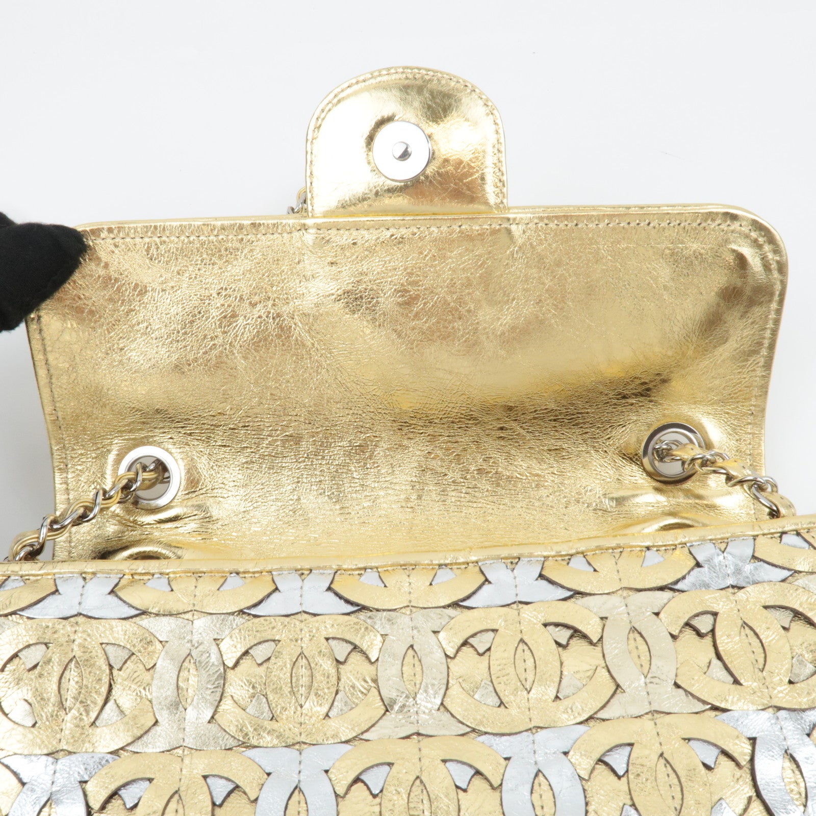 CHANEL Coco Mark Patchwork Leather Chain Shoulder Bag Gold Silver Color