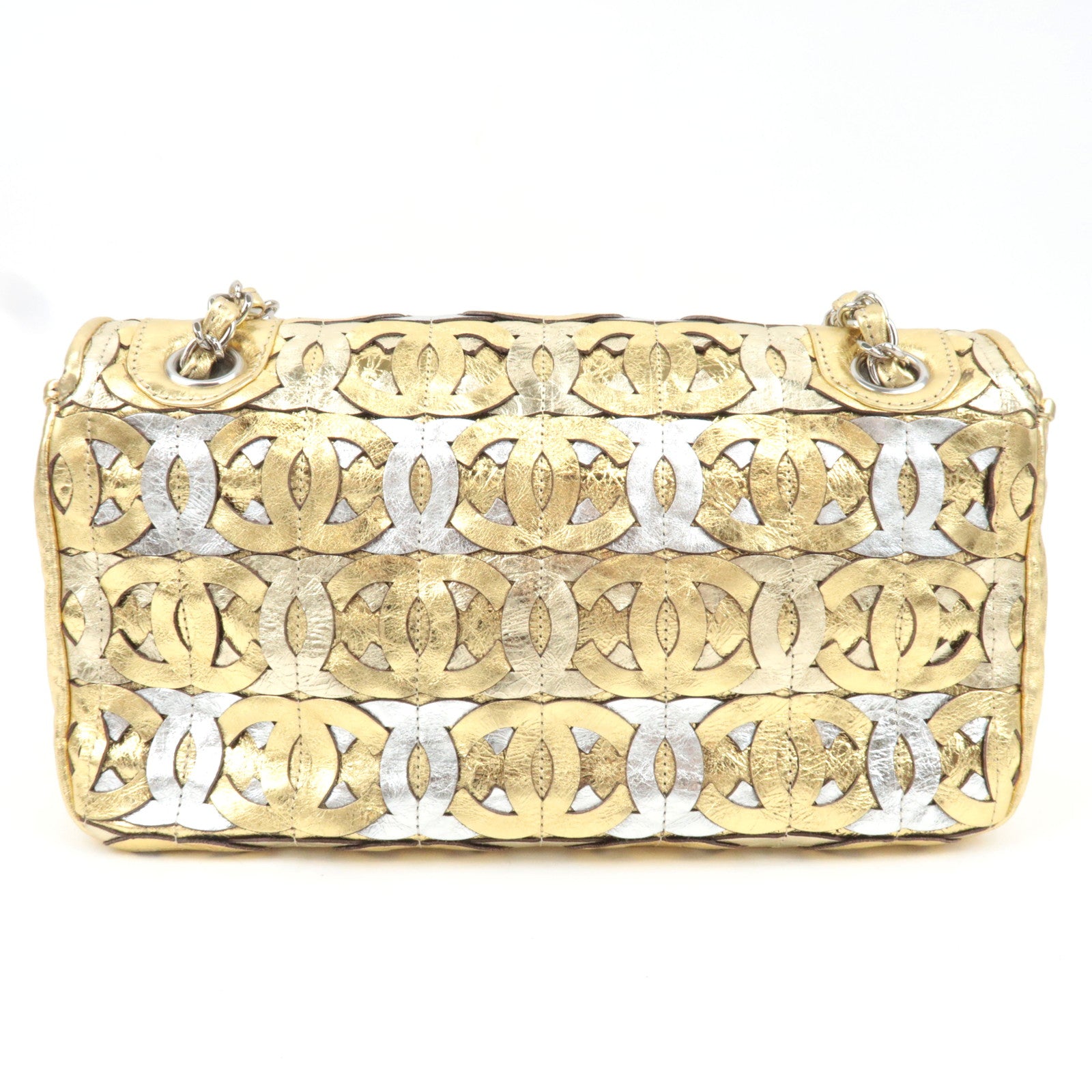 CHANEL Coco Mark Patchwork Leather Chain Shoulder Bag Gold Silver Color