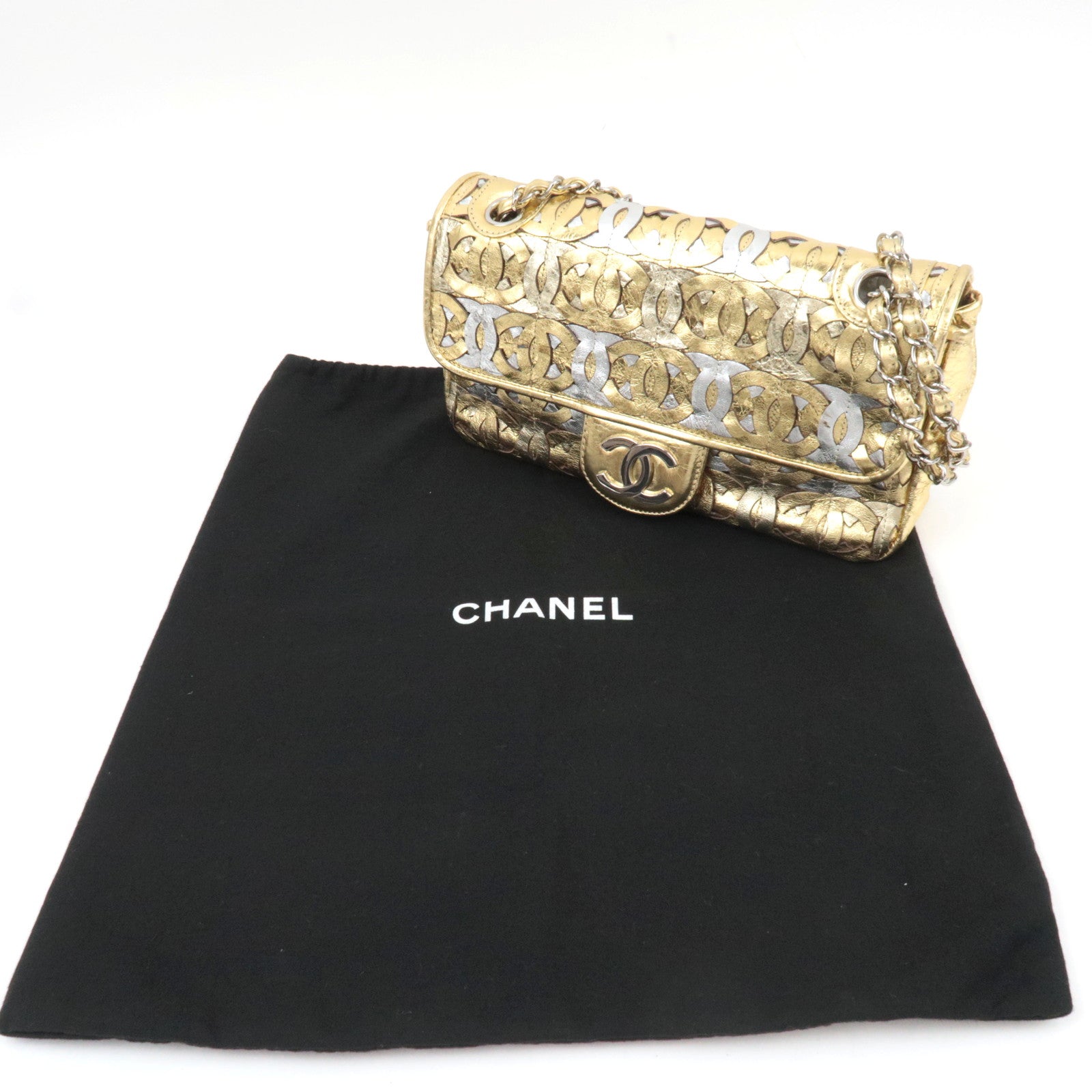 CHANEL Coco Mark Patchwork Leather Chain Shoulder Bag Gold Silver Color