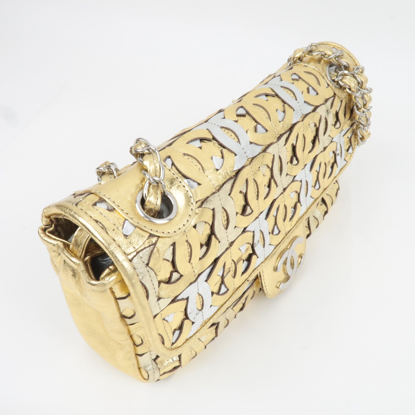 CHANEL Coco Mark Patchwork Leather Chain Shoulder Bag Gold Silver Color