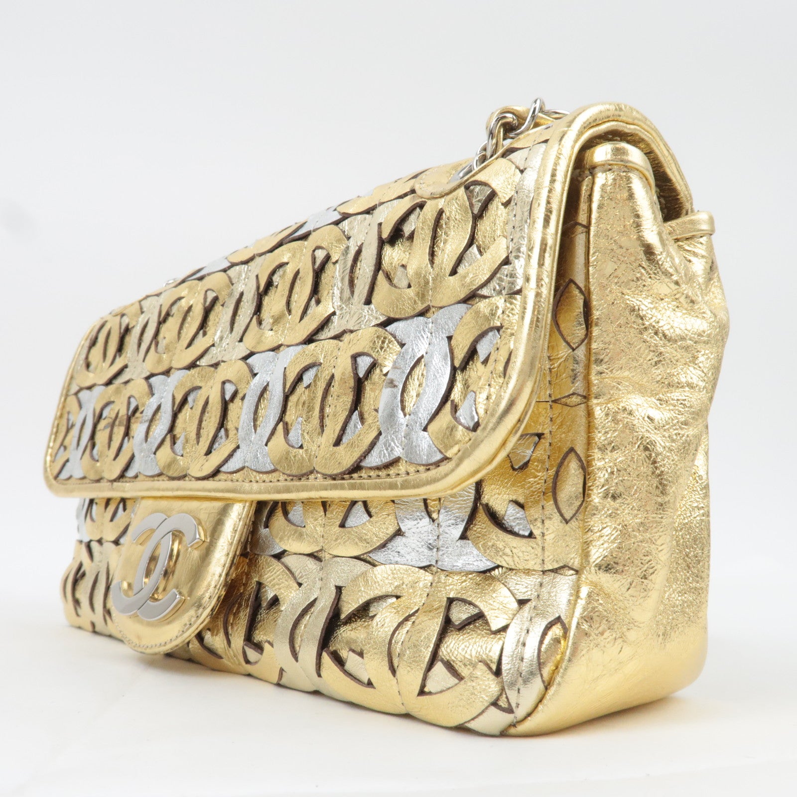 CHANEL Coco Mark Patchwork Leather Chain Shoulder Bag Gold Silver Color