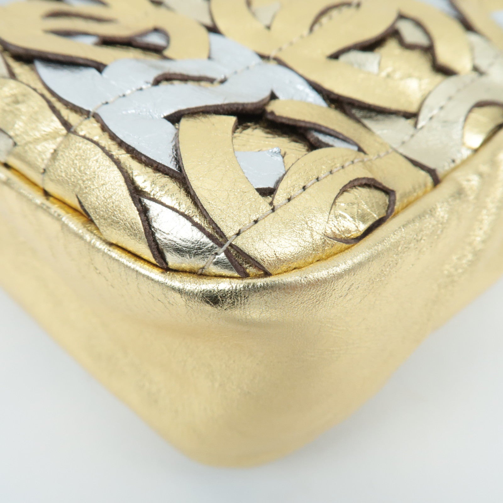 CHANEL Coco Mark Patchwork Leather Chain Shoulder Bag Gold Silver Color