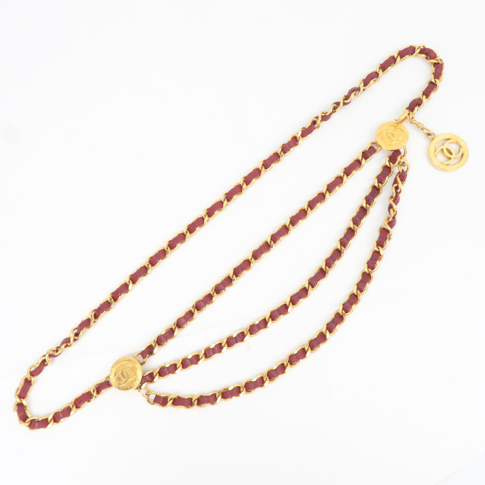 CHANEL Coco Mark 1984 Triple Chain Leather Belt Bordeaux Gold HDW Waist Around 83cm89452
