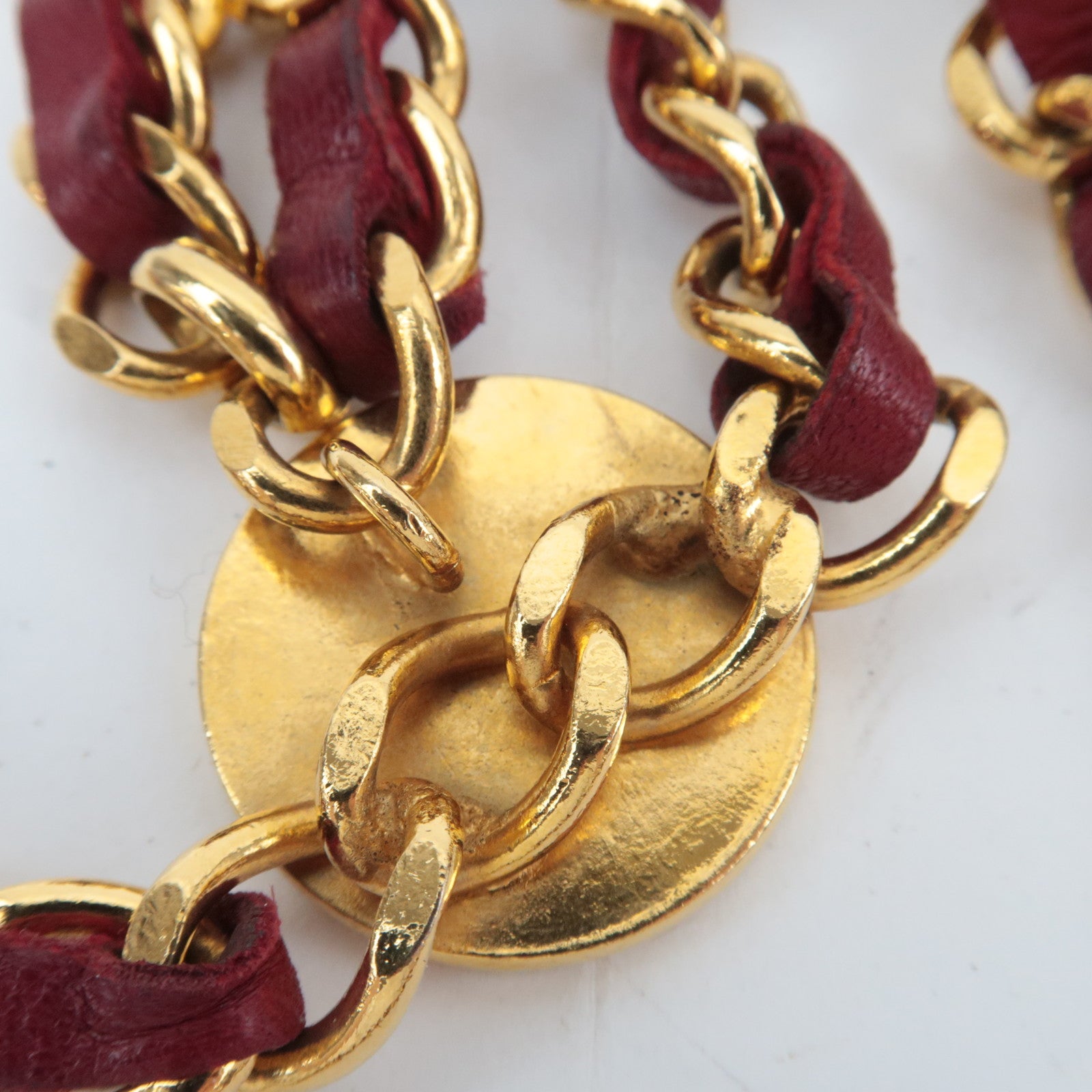 CHANEL Coco Mark 1984 Triple Chain Leather Belt Bordeaux Gold HDW Waist Around 83cm