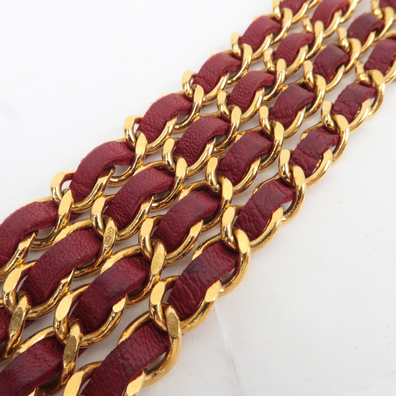 CHANEL Coco Mark 1984 Triple Chain Leather Belt Bordeaux Gold HDW Waist Around 83cm