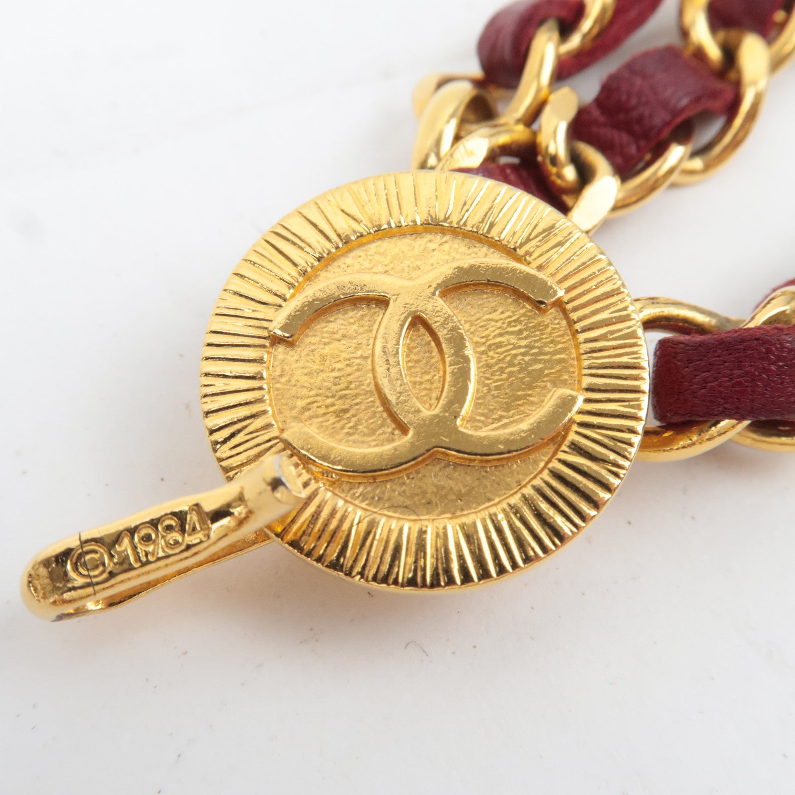 CHANEL Coco Mark 1984 Triple Chain Leather Belt Bordeaux Gold HDW Waist Around 83cm
