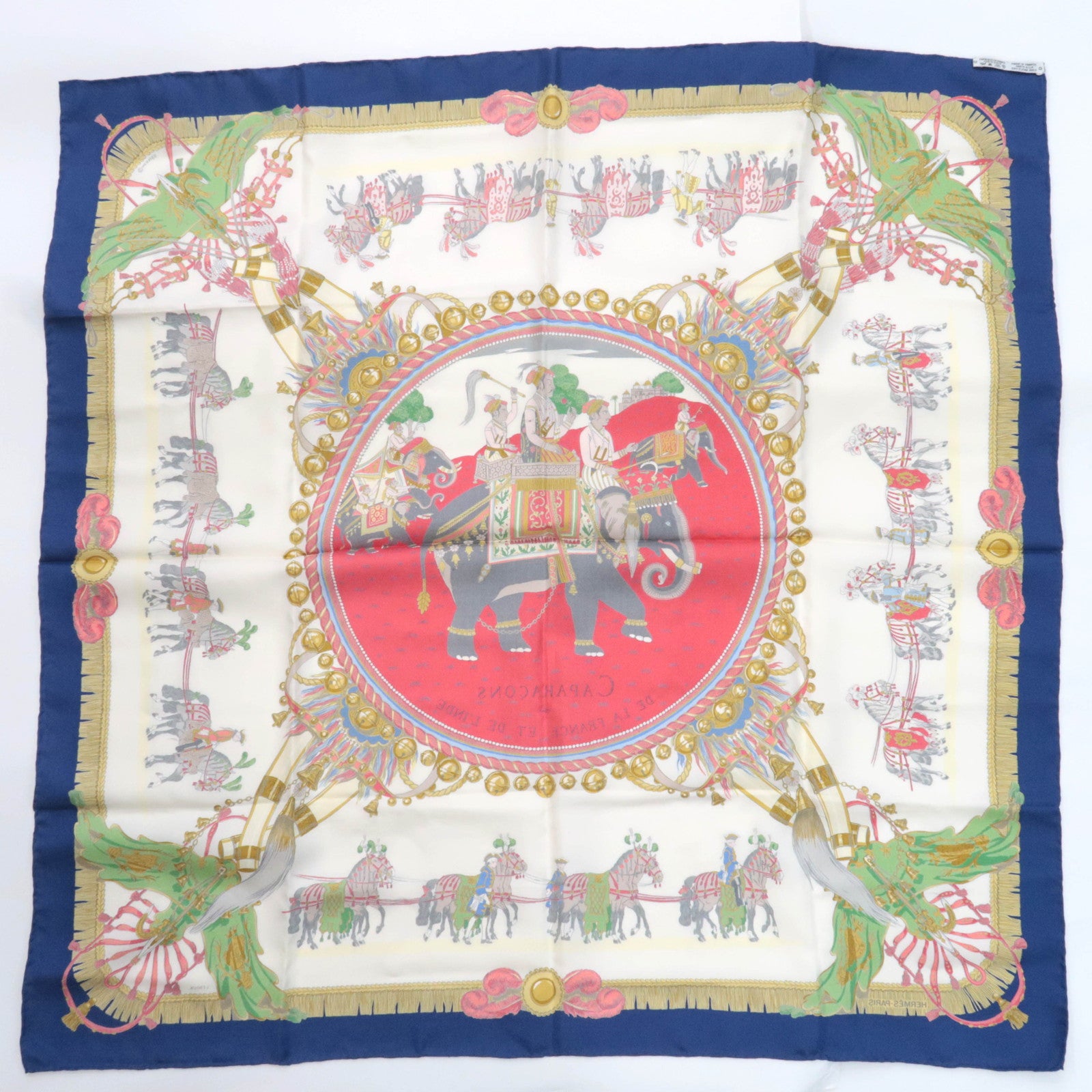 HERMES Carre 90 Scarf CAPARACONS DE LA FRANCE ET DE L'INDE 100% Silk Ivory Red Blue