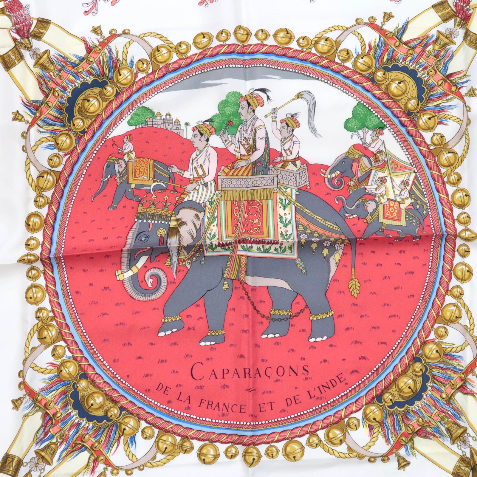 HERMES Carre 90 Scarf CAPARACONS DE LA FRANCE ET DE L'INDE 100% Silk Ivory Red Blue