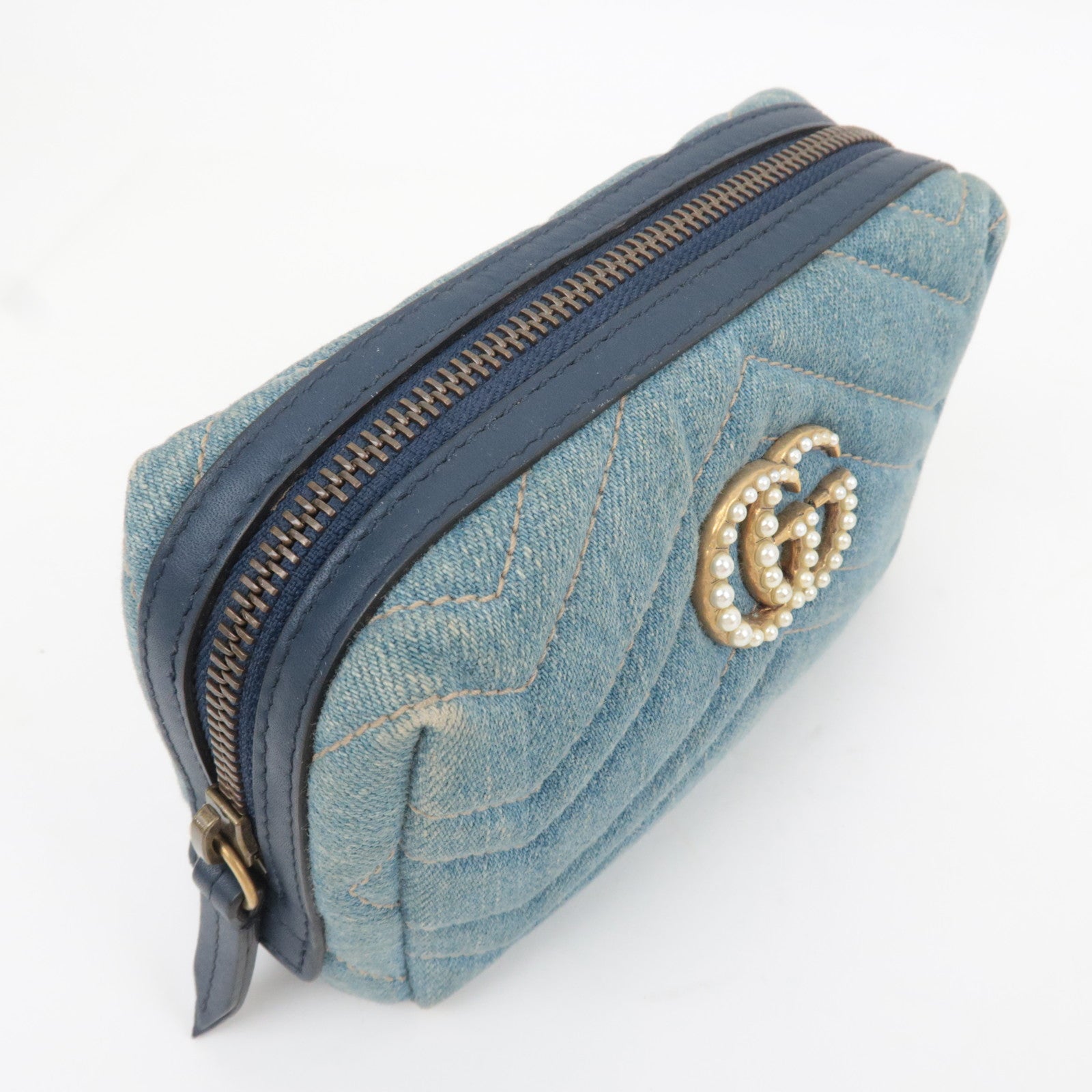 GUCCI GG Marmont Denim Pearl Cosmetic Pouch Blue 476165