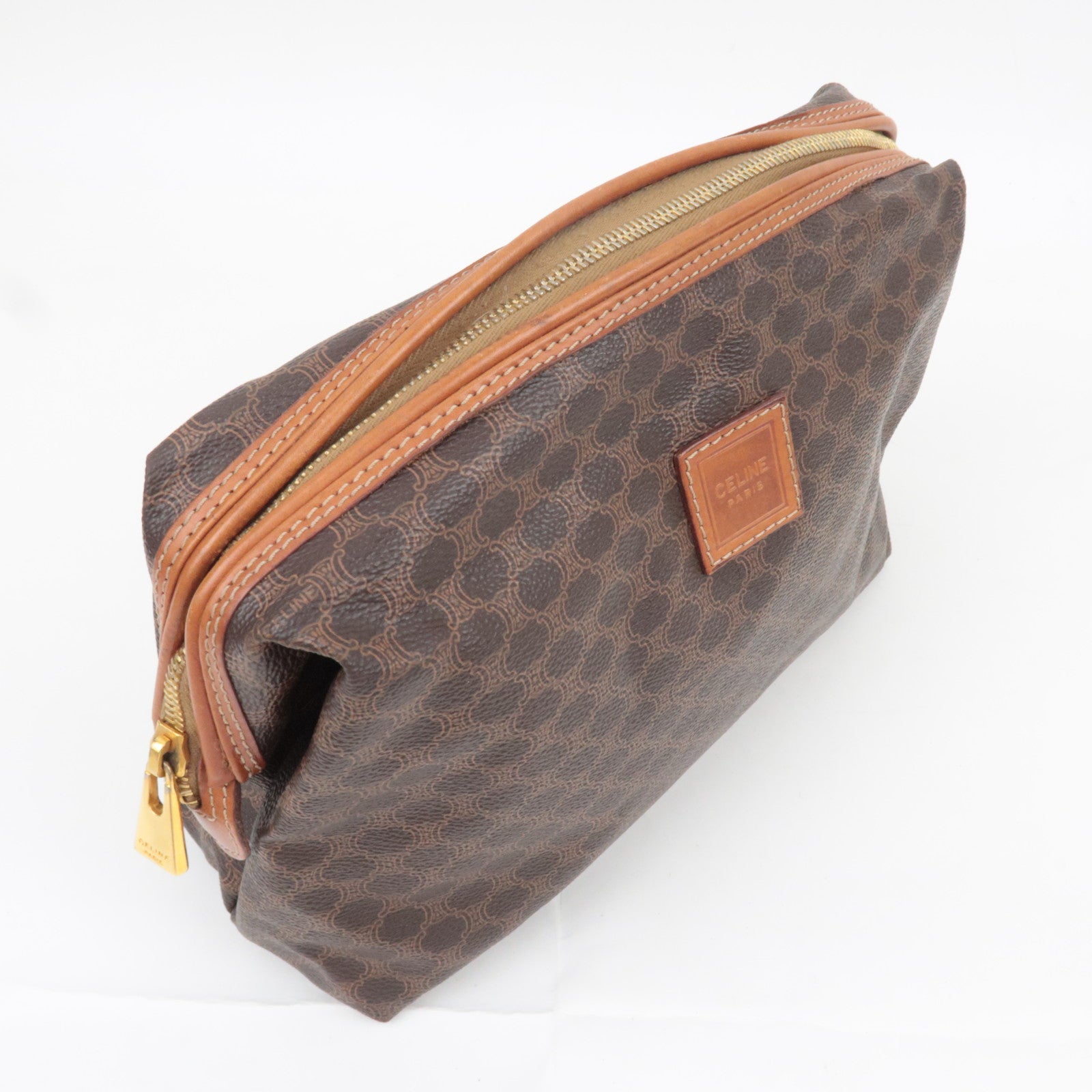 CELINE Macadam PVC Leather Cosmetic Pouch Brown