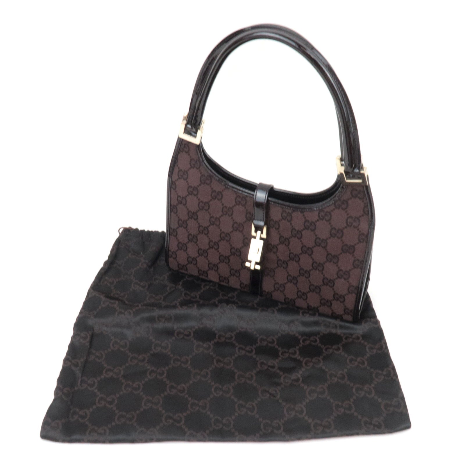 GUCCI Jackie GG Canvas Patent Shoulder Bag Brown 002.1068
