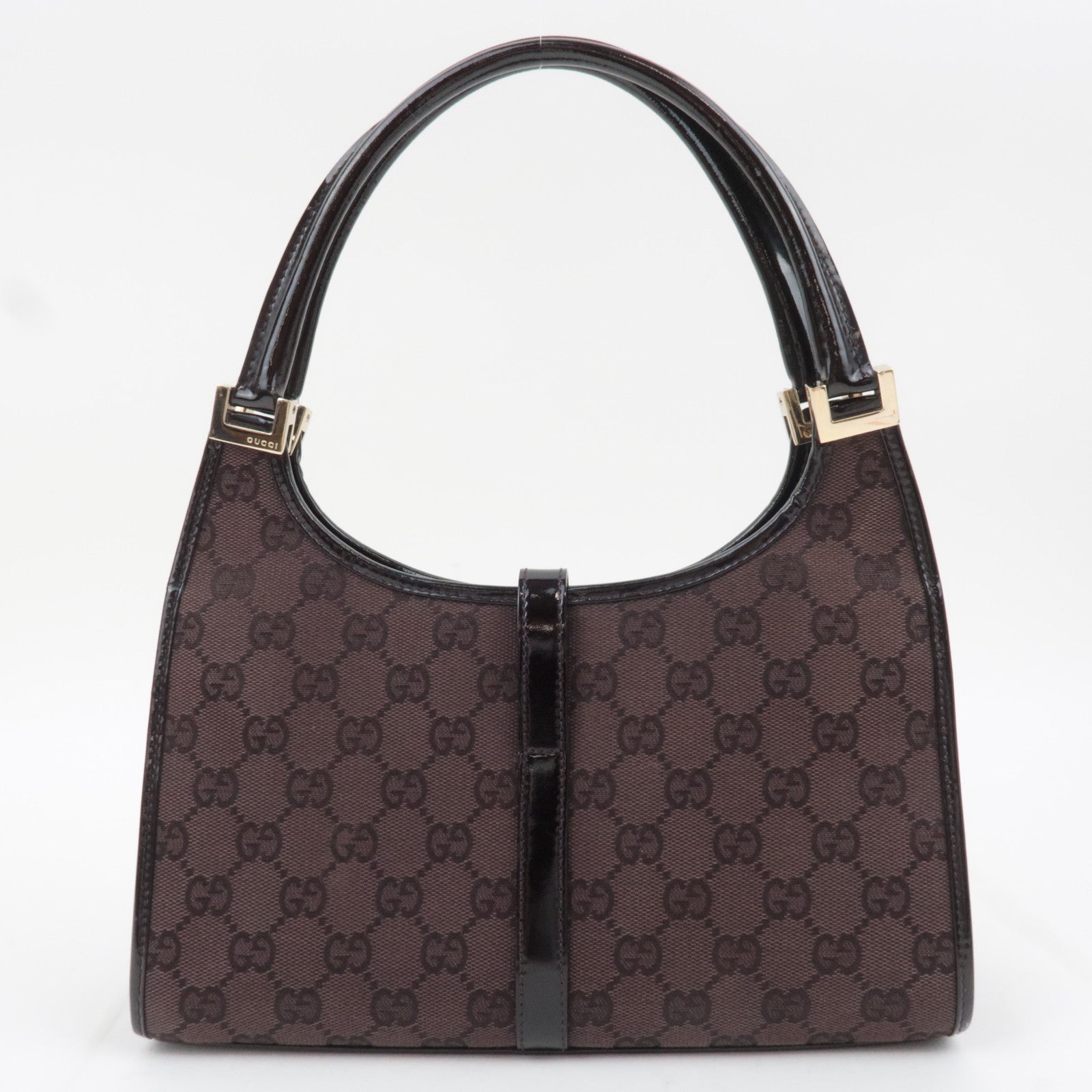 GUCCI Jackie GG Canvas Patent Shoulder Bag Brown 002.1068