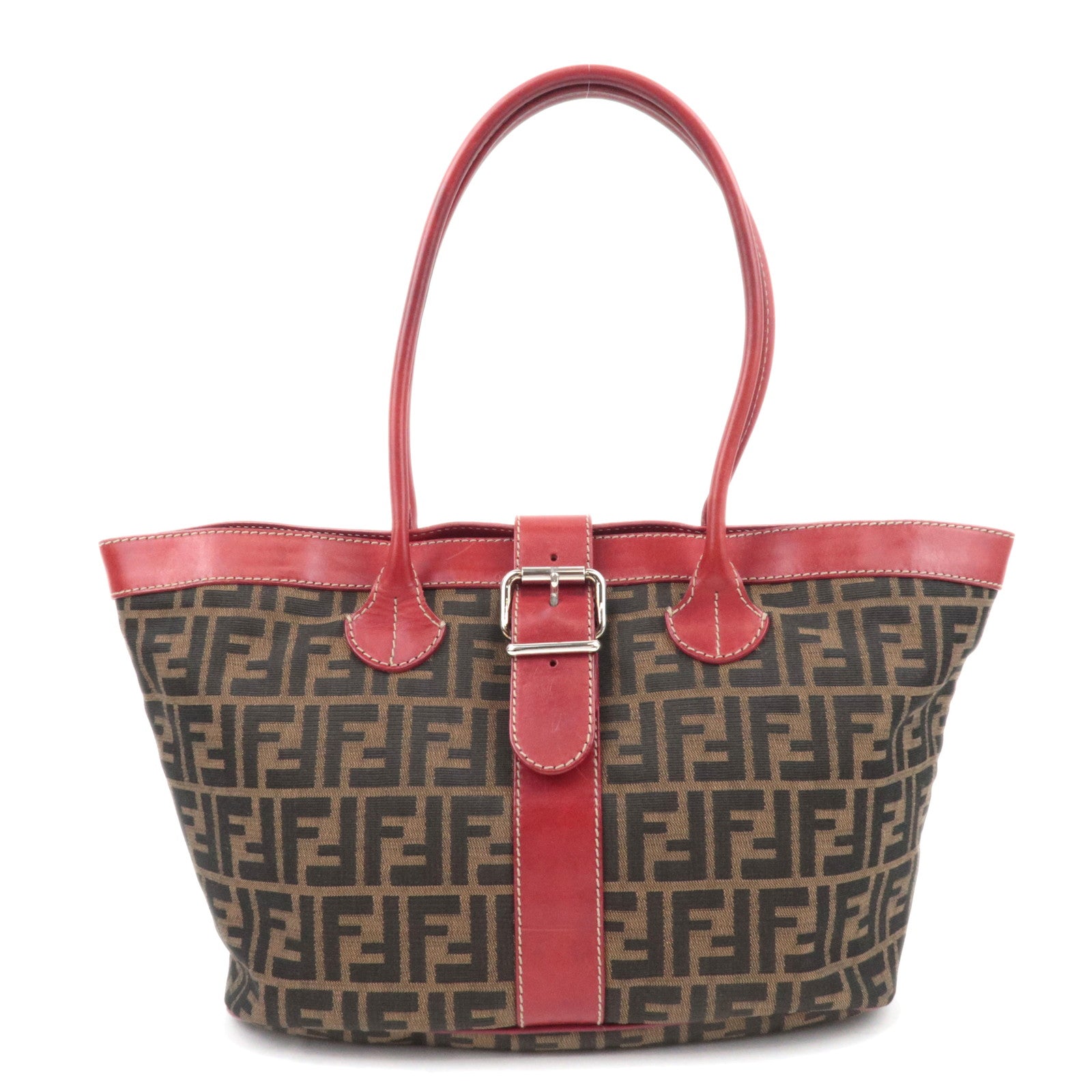 FENDI Zucca Canvas Leather Tote Bag Brown Black Red 8BH04689479
