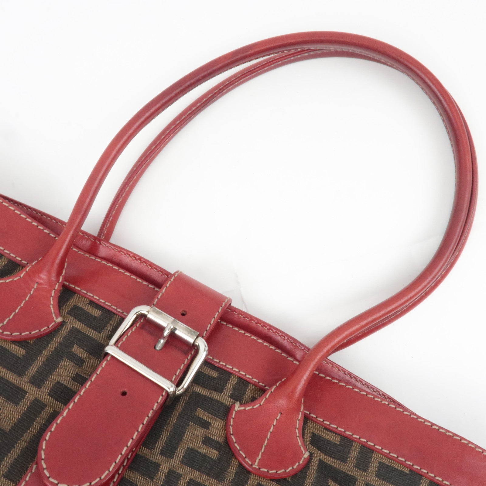 FENDI Zucca Canvas Leather Tote Bag Brown Black Red 8BH046