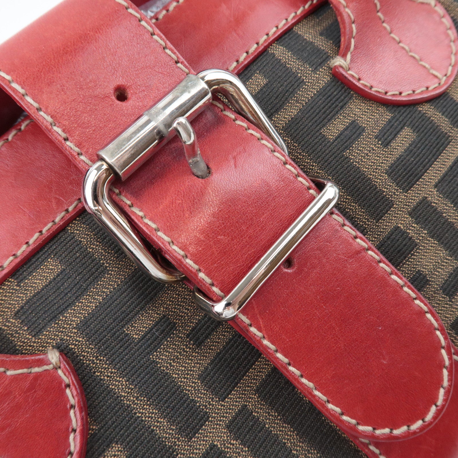 FENDI Zucca Canvas Leather Tote Bag Brown Black Red 8BH046