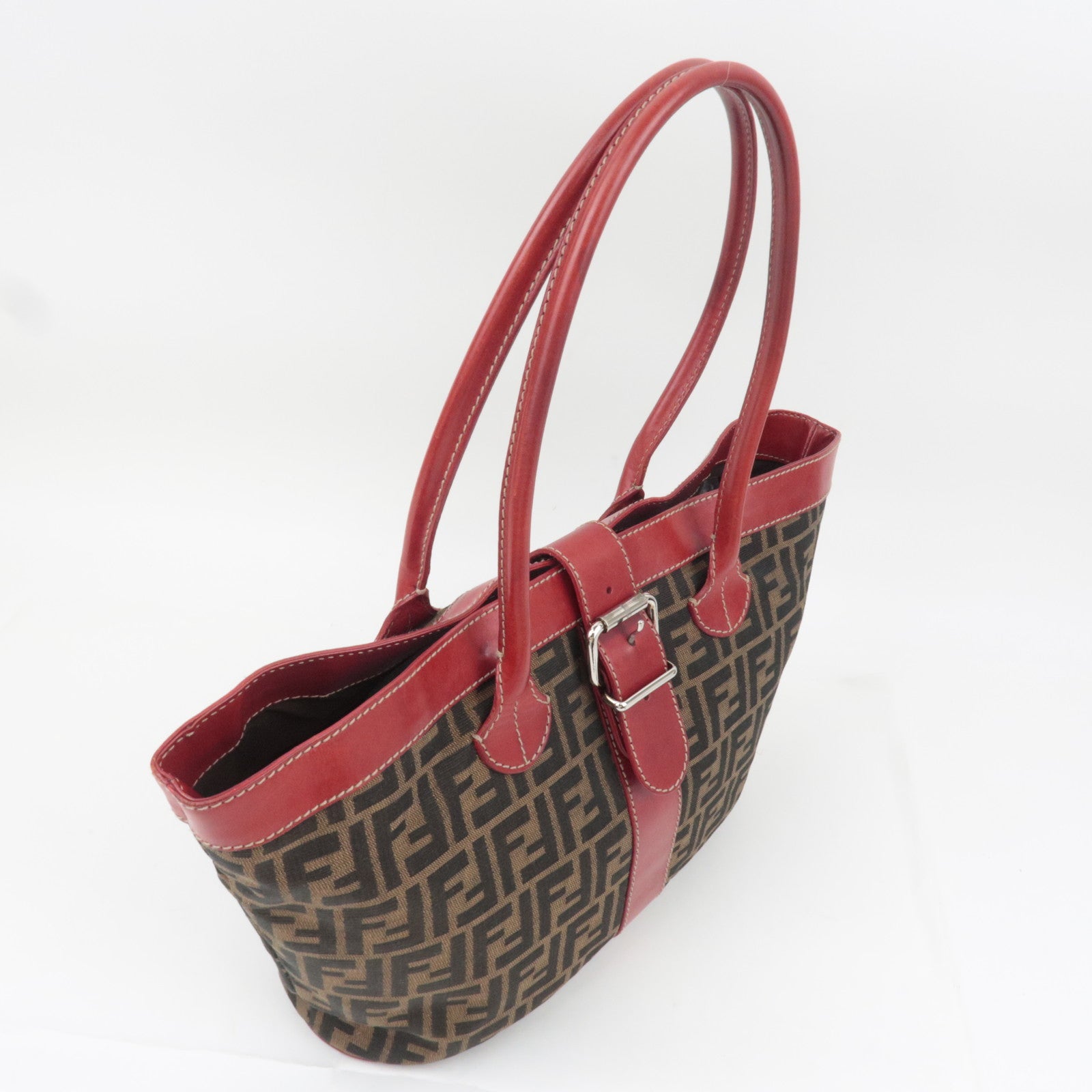 FENDI Zucca Canvas Leather Tote Bag Brown Black Red 8BH046