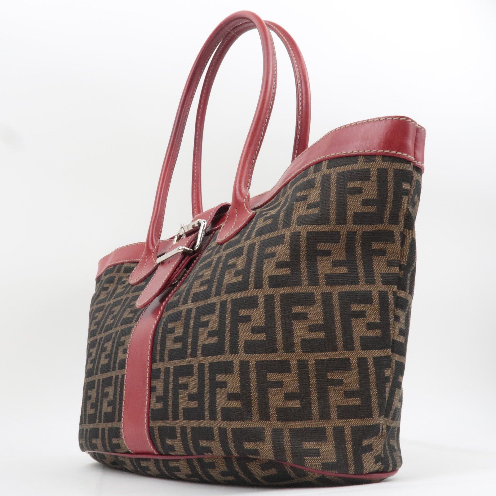 FENDI Zucca Canvas Leather Tote Bag Brown Black Red 8BH046