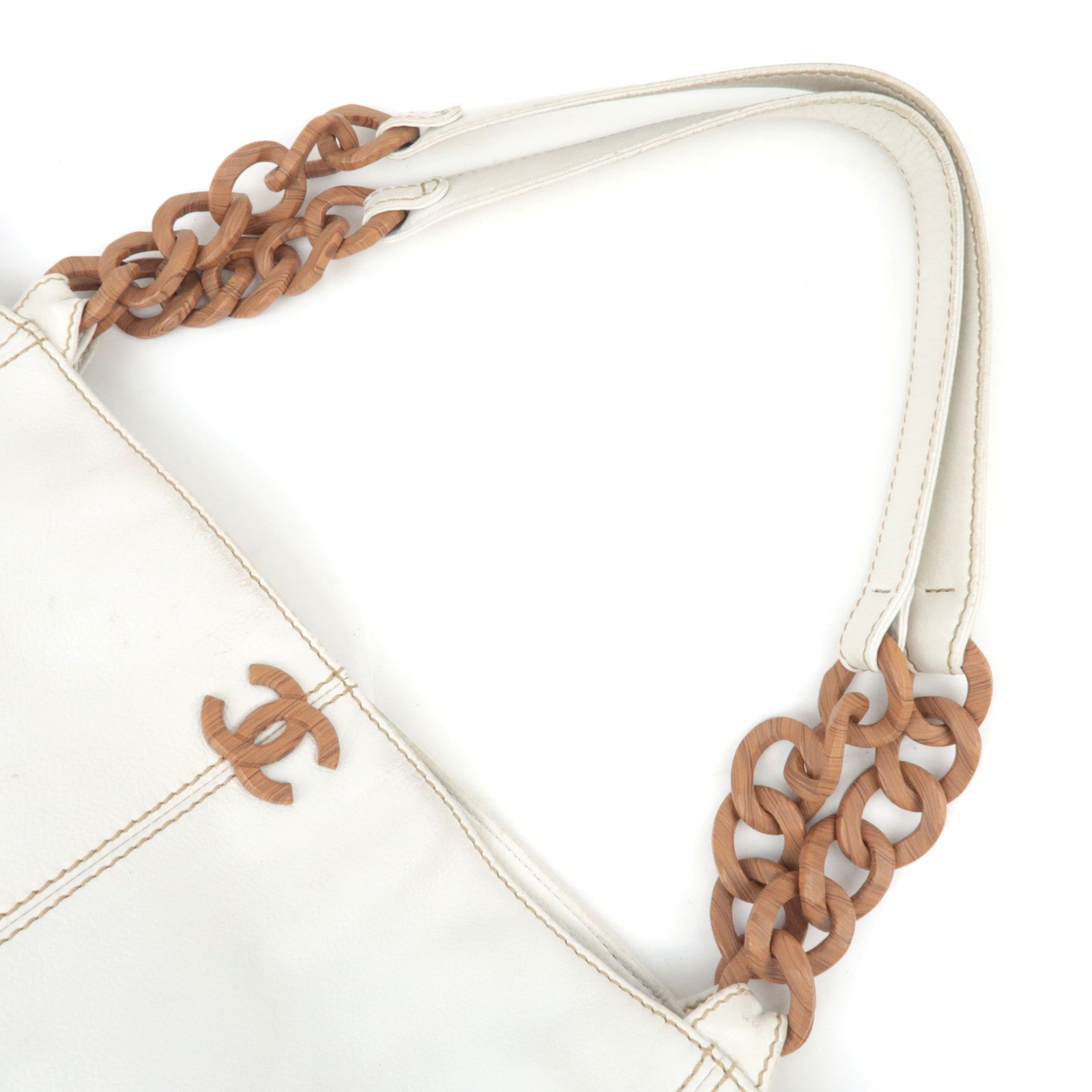 CHANEL Coco Mark Wood Chain Handle Leather Tote Bag White