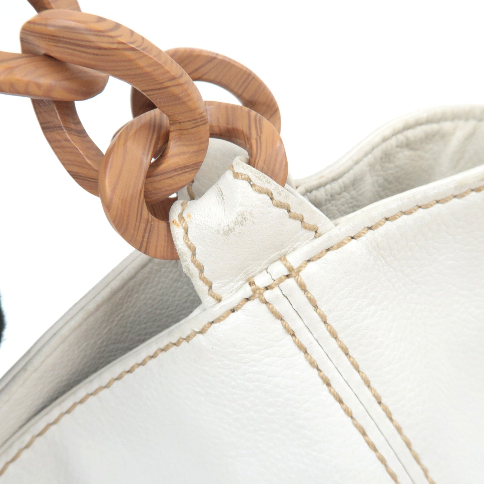 CHANEL Coco Mark Wood Chain Handle Leather Tote Bag White