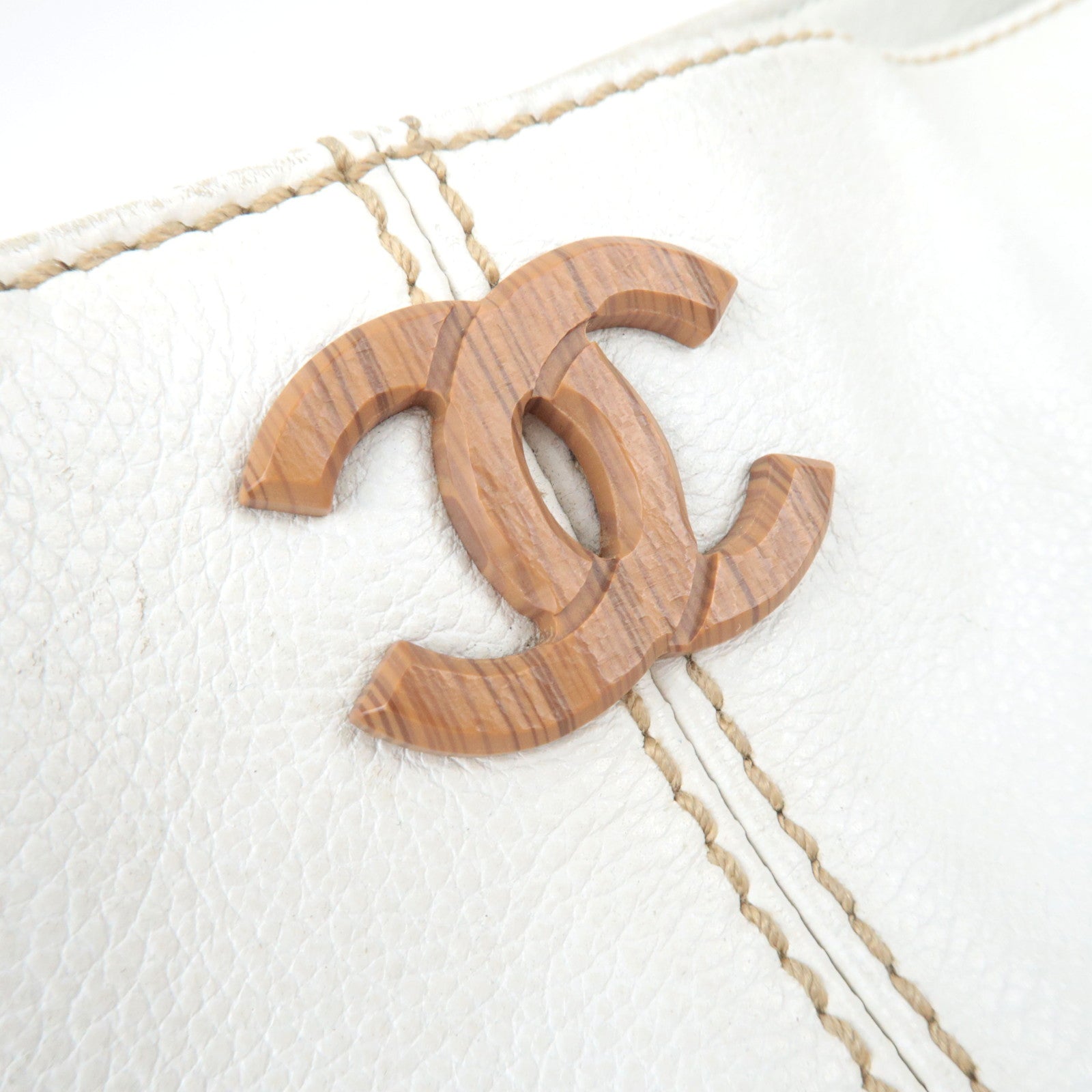 CHANEL Coco Mark Wood Chain Handle Leather Tote Bag White
