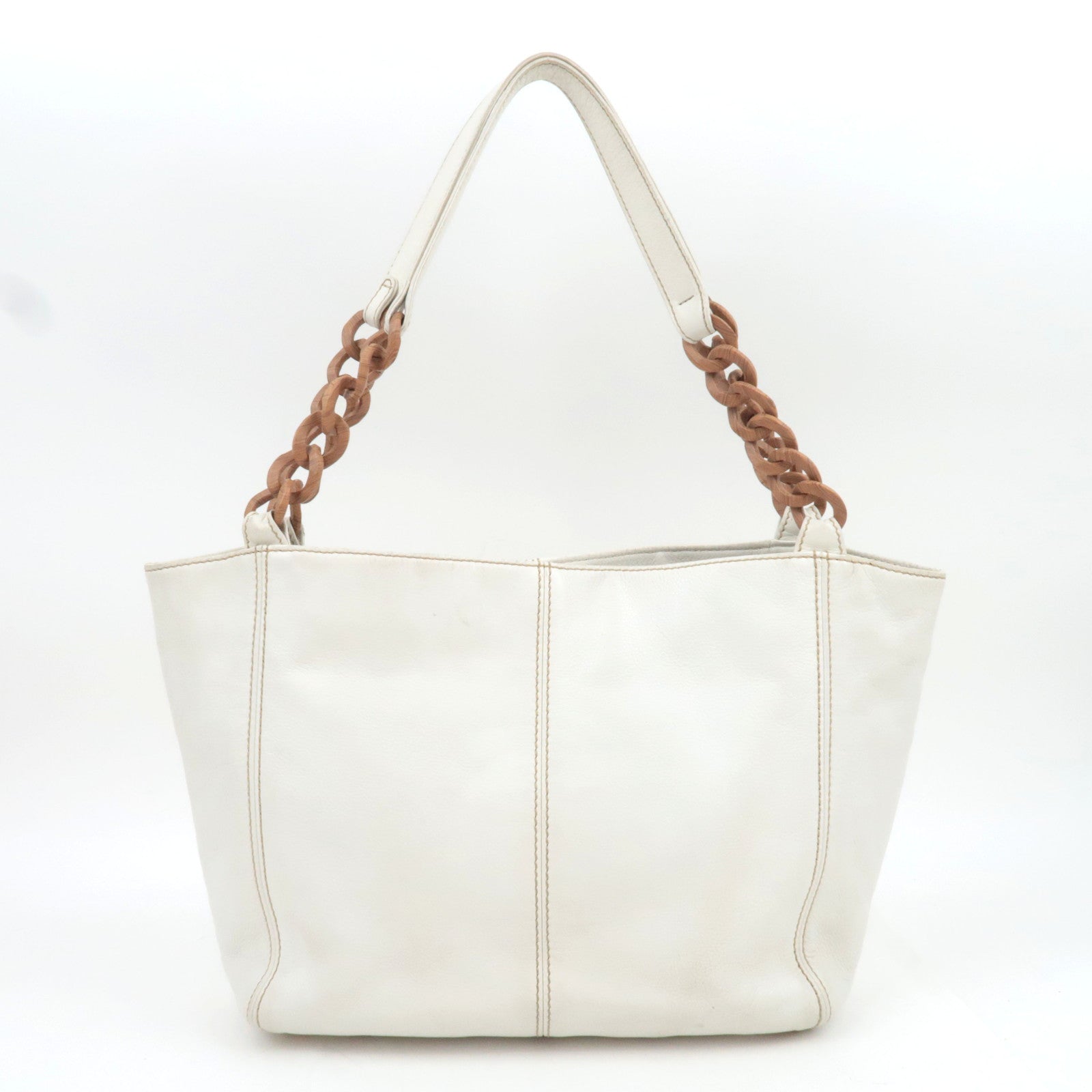 CHANEL Coco Mark Wood Chain Handle Leather Tote Bag White
