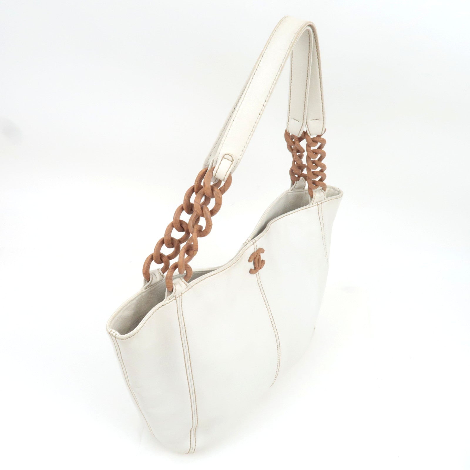 CHANEL Coco Mark Wood Chain Handle Leather Tote Bag White