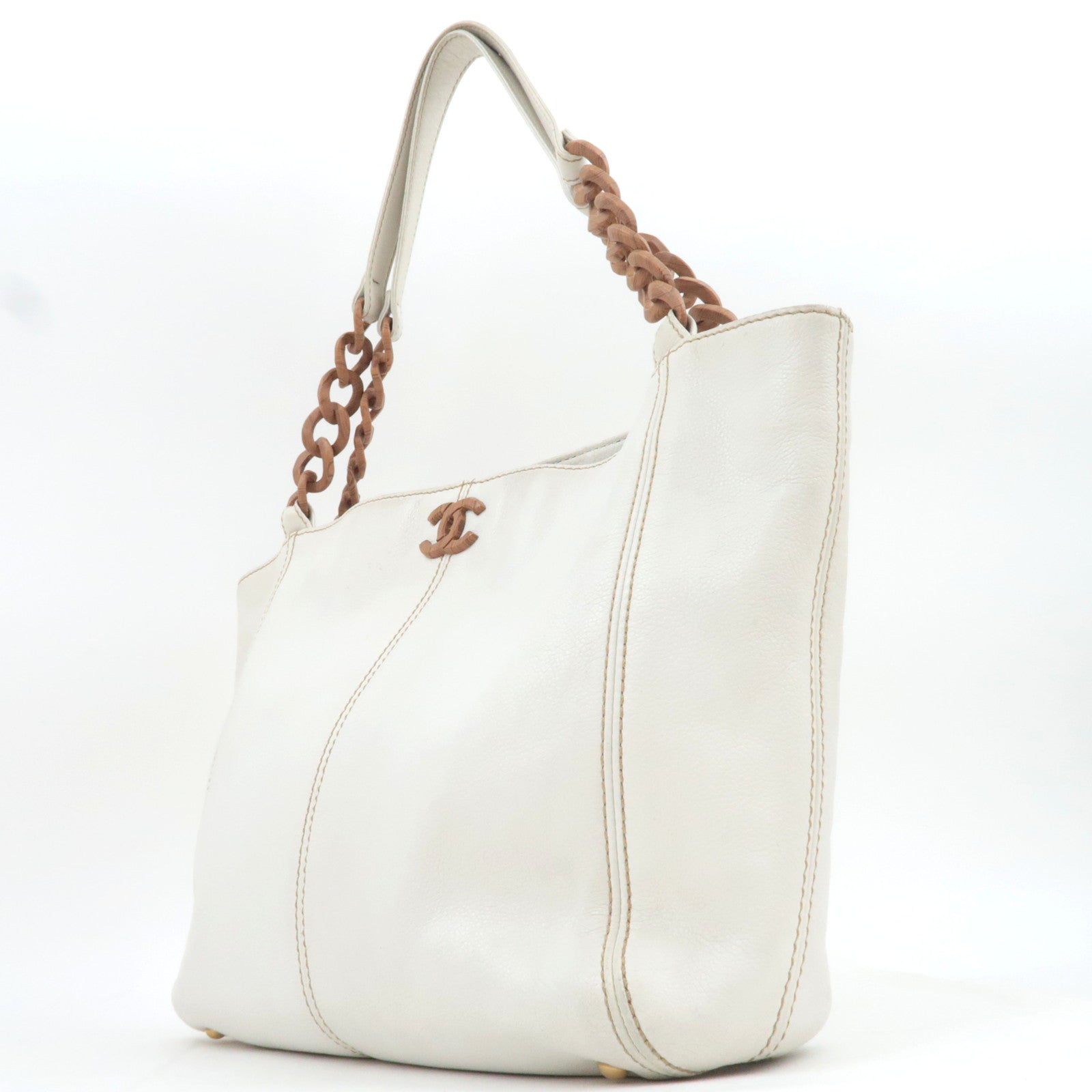 CHANEL Coco Mark Wood Chain Handle Leather Tote Bag White