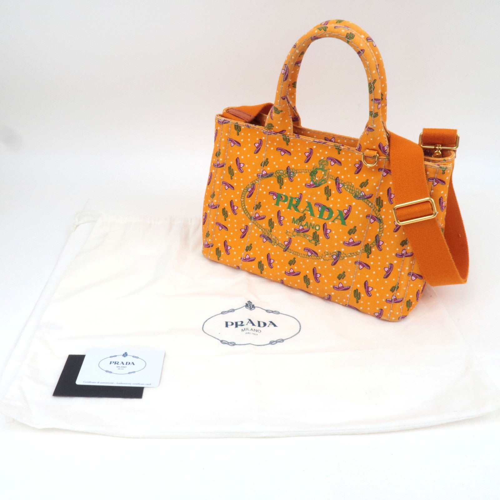 PRADA Canapa Mini Tote Bag Cactus Print  Orange 1BG439