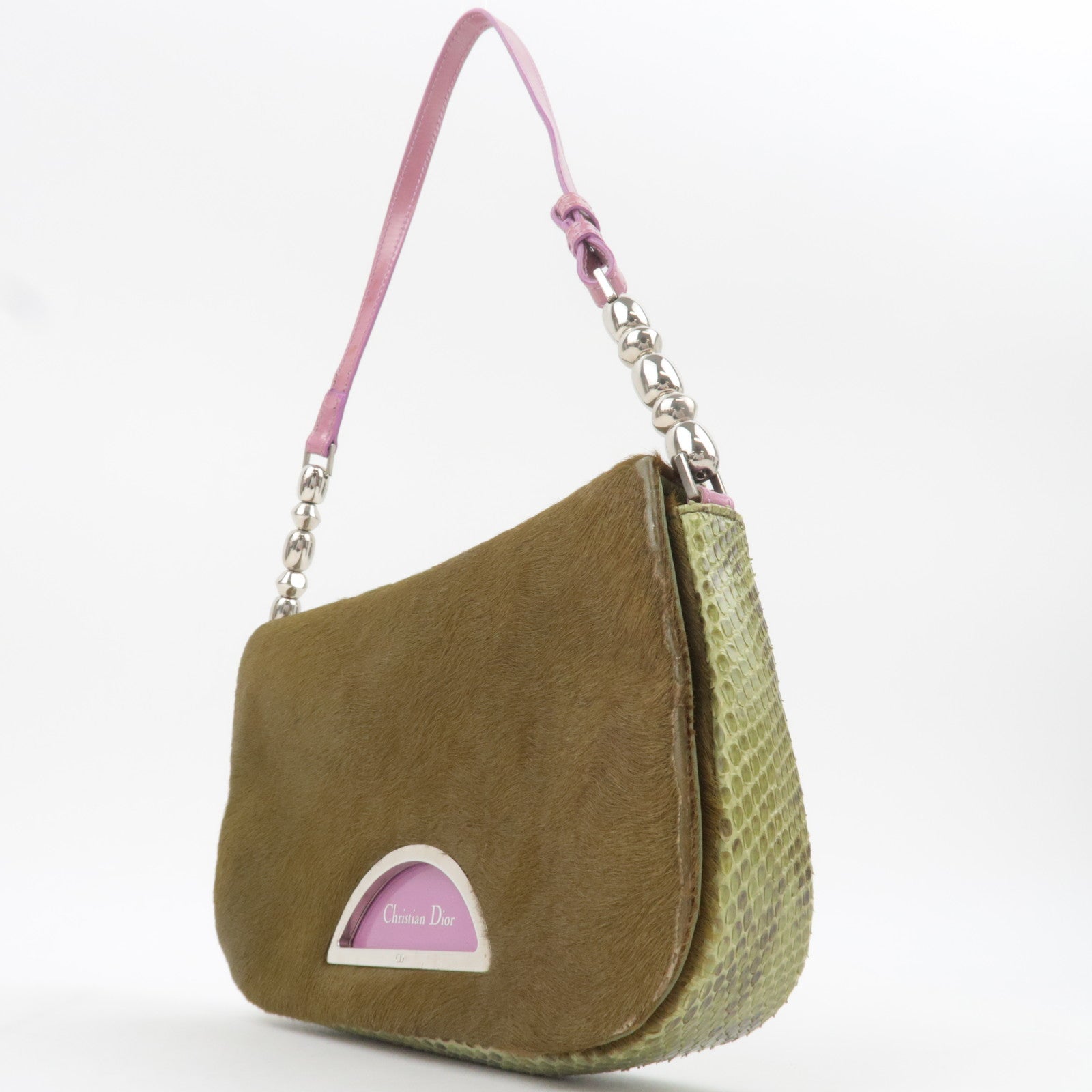Christian Dior Maris Pearl Calf hair Patent Shoulder Bag Khaki