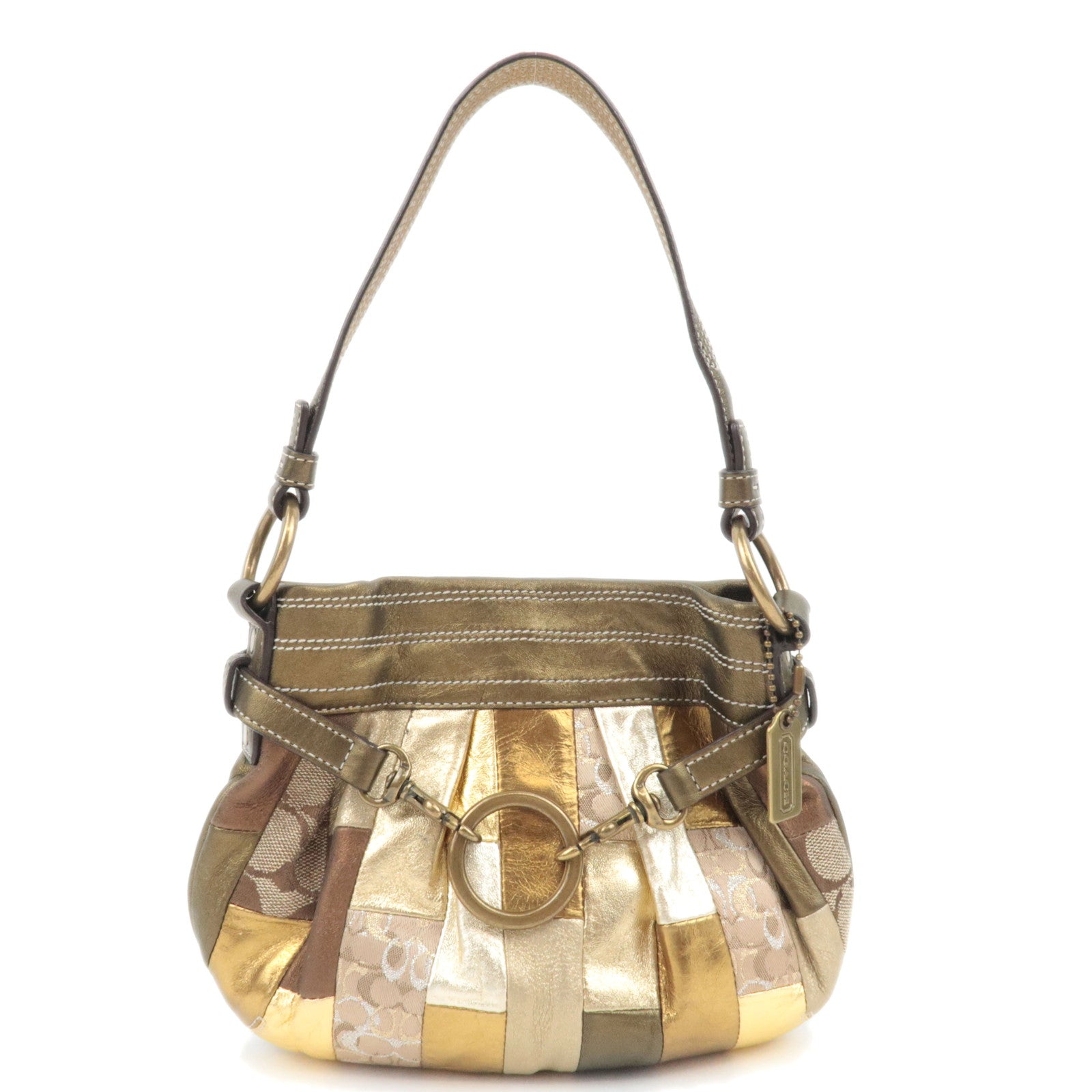 COACH Patchwork Canvas Leather Handbag Bronze Gold Beige 357289499