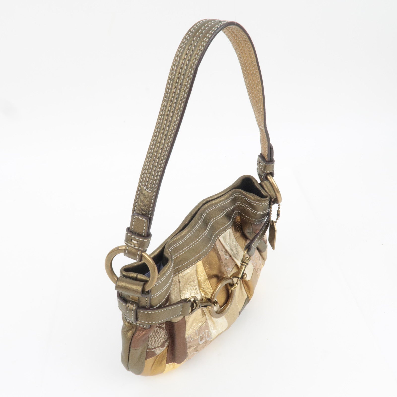 COACH Patchwork Canvas Leather Handbag Bronze Gold Beige 3572