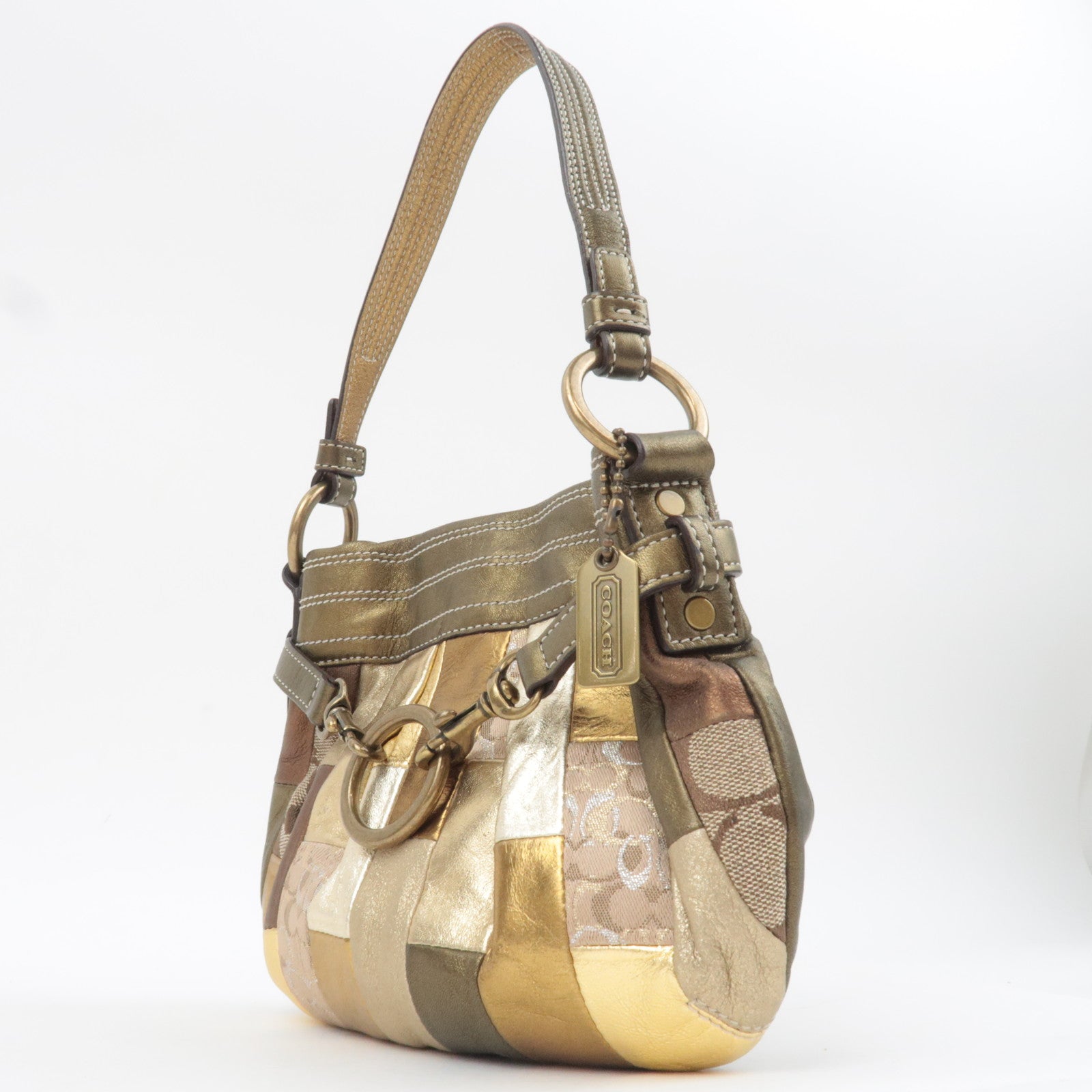 COACH Patchwork Canvas Leather Handbag Bronze Gold Beige 3572