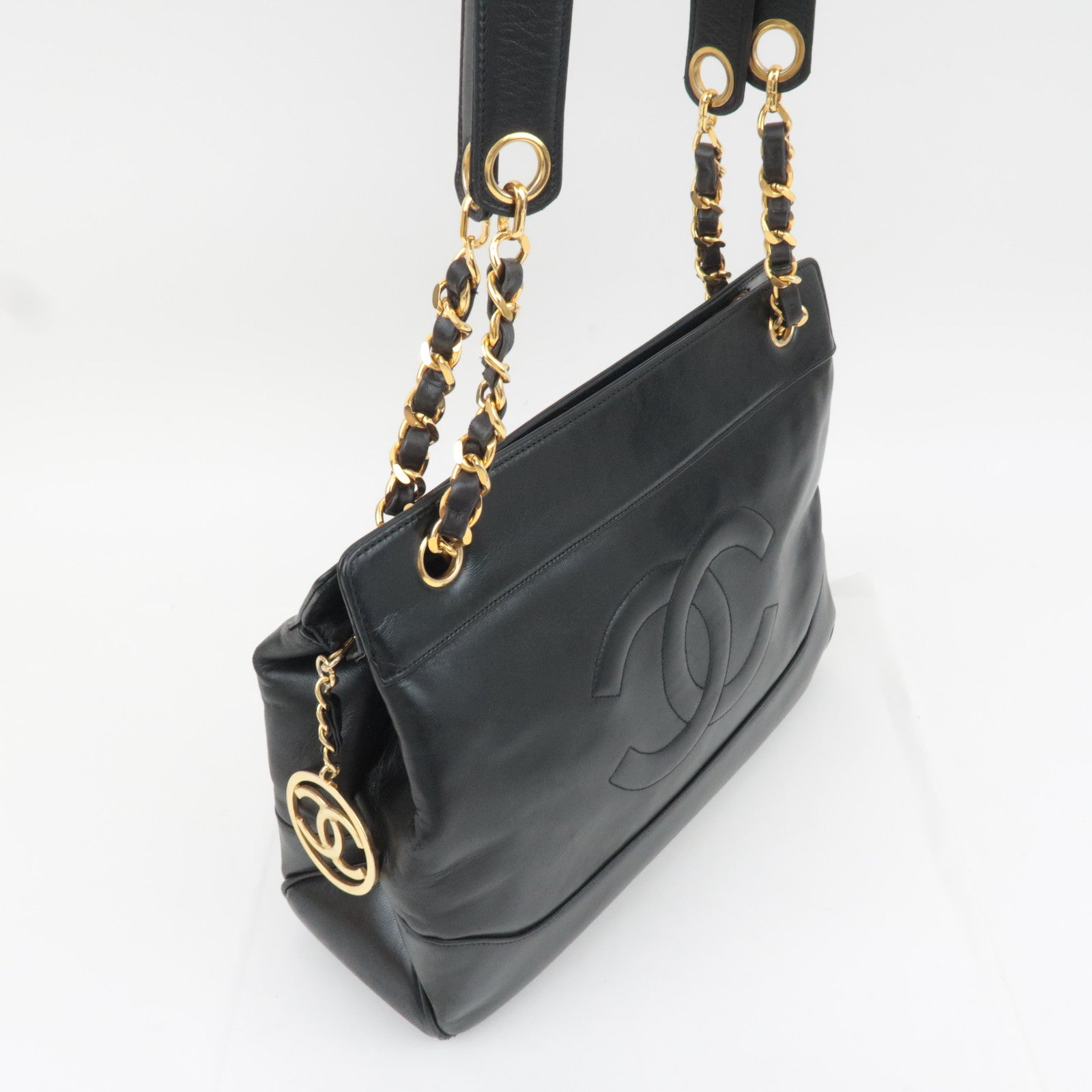 CHANEL Big Coco Mark Chain Tote Bag Lambskin Black Gold HDW