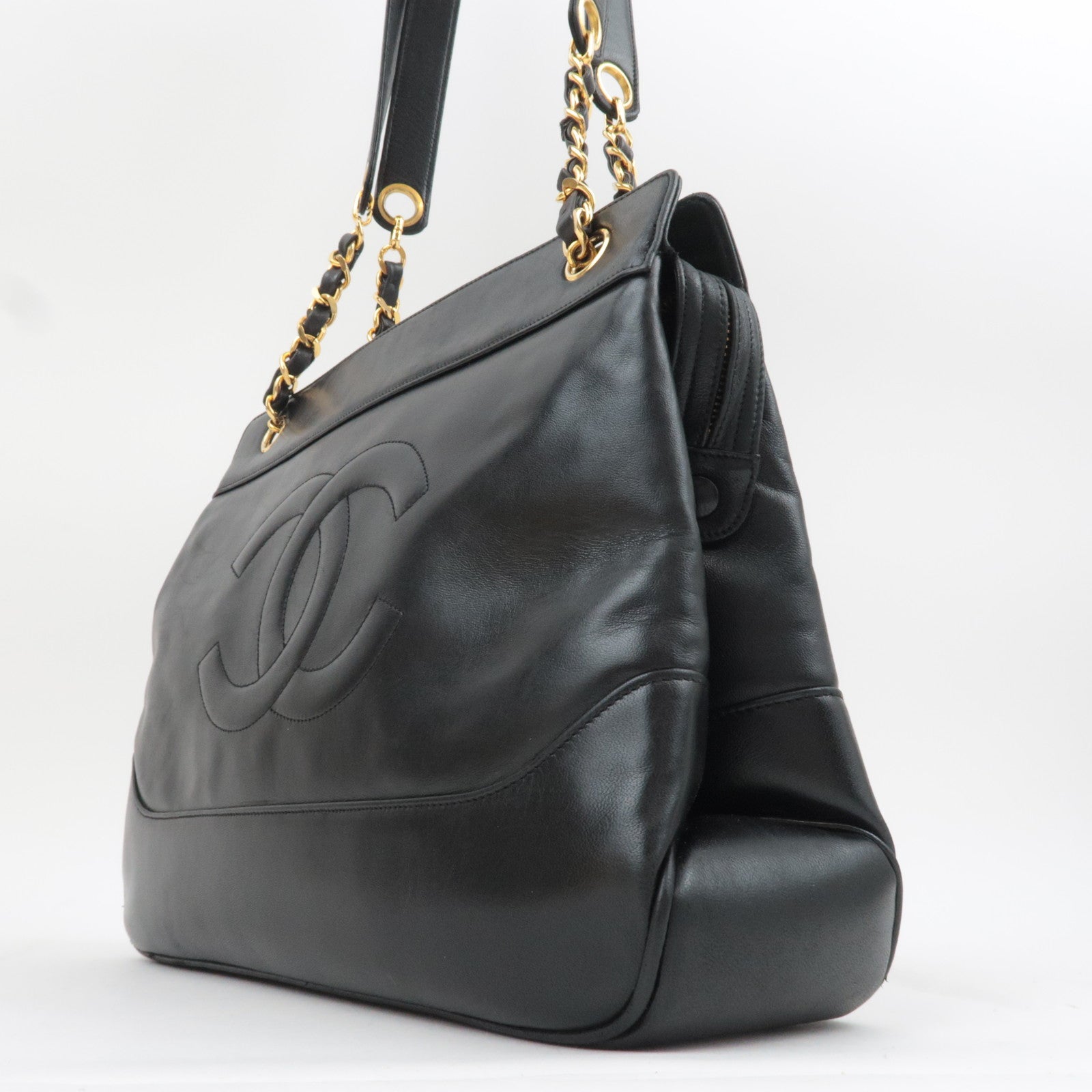 CHANEL Big Coco Mark Chain Tote Bag Lambskin Black Gold HDW
