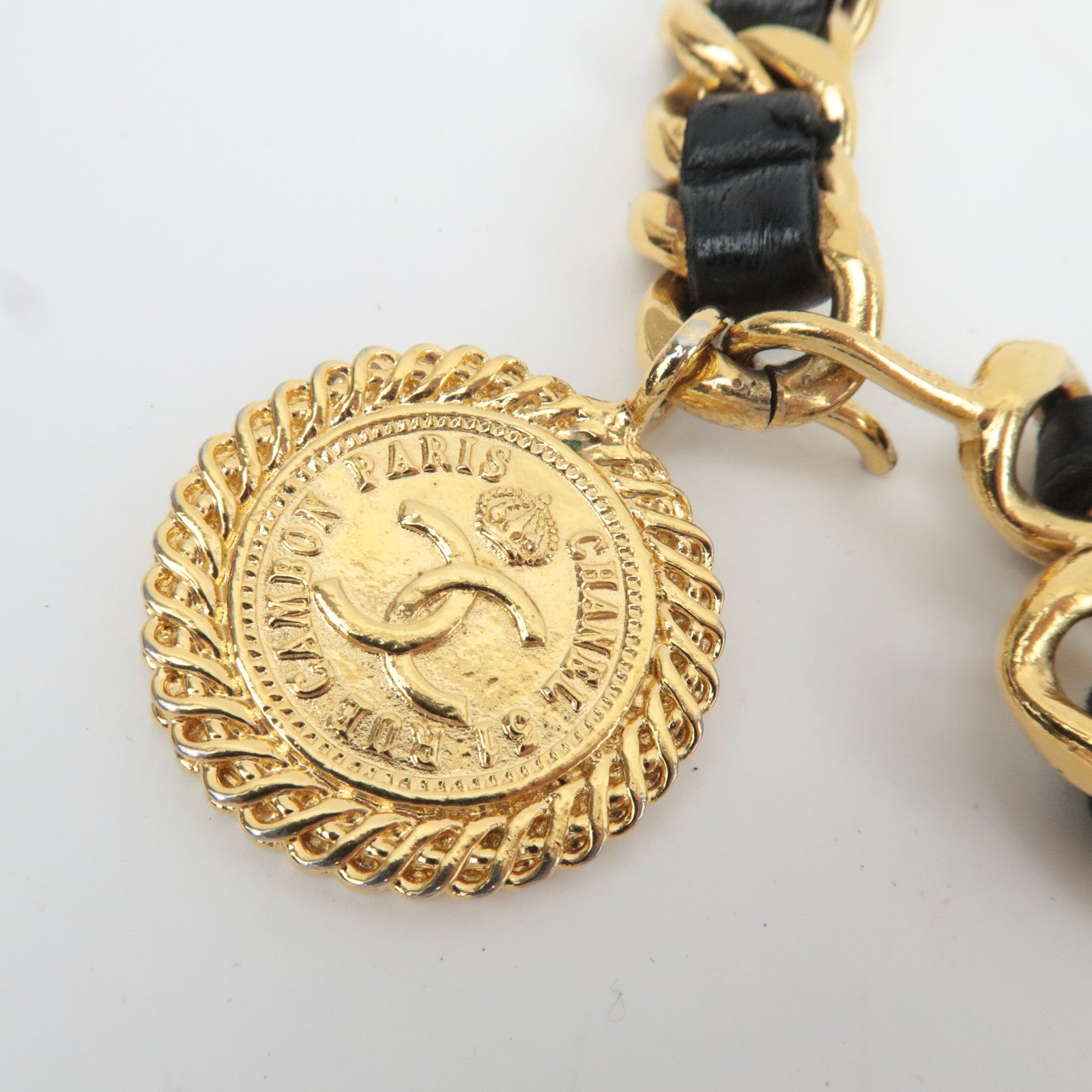 CHANEL Coin Charm Double Leather Chain Belt Waist Around 83cm Gold Black