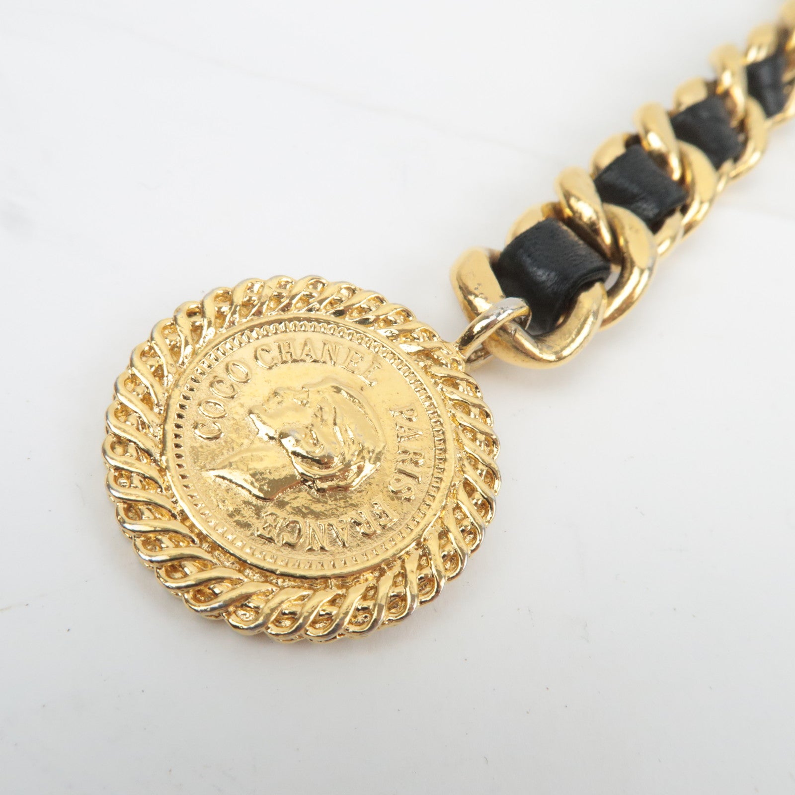 CHANEL Coin Charm Double Leather Chain Belt Waist Around 83cm Gold Black