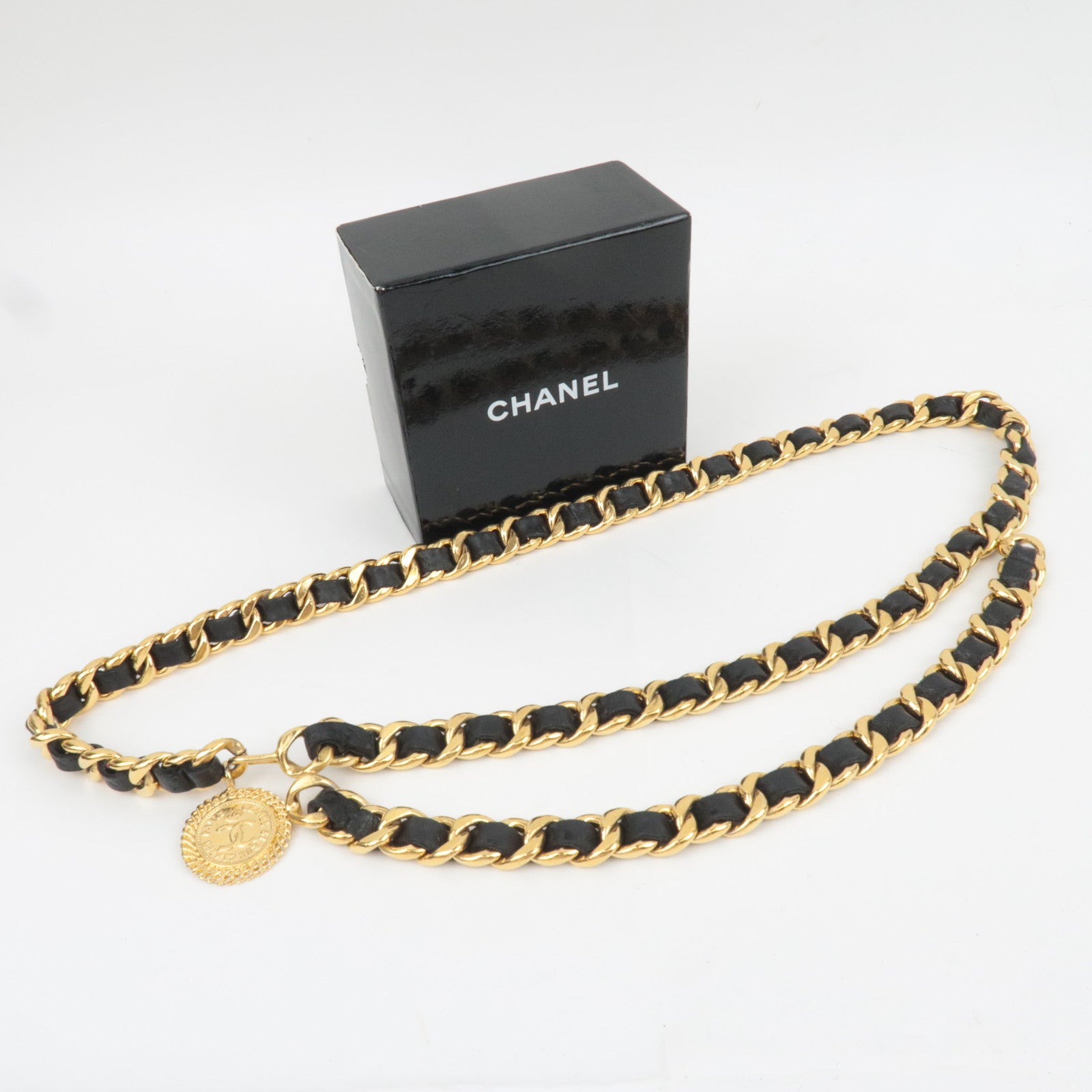 CHANEL Coin Charm Double Leather Chain Belt Waist Around 83cm Gold Black