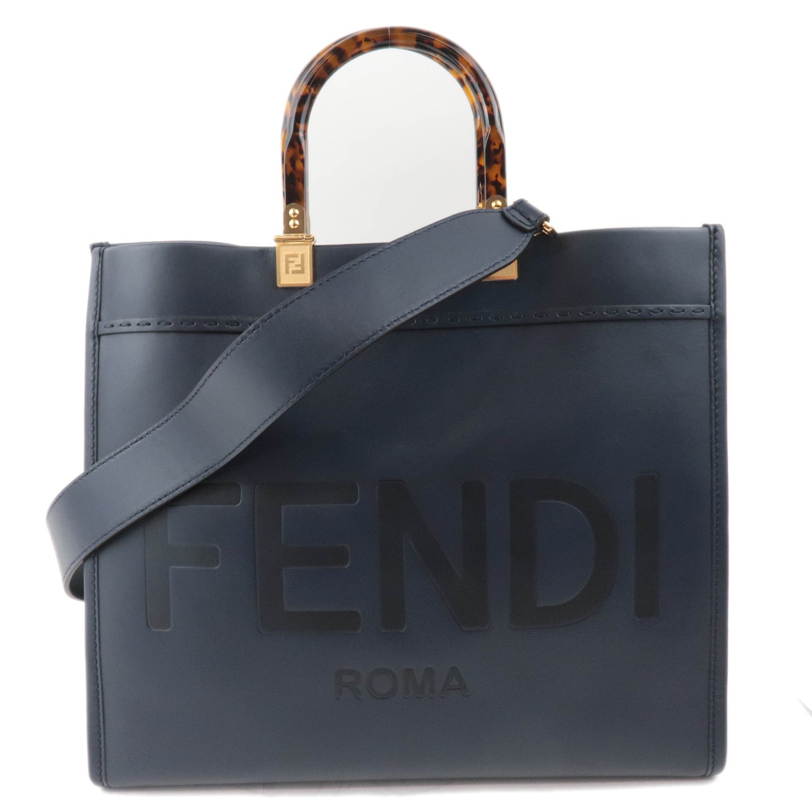 FENDI Sunshine Medium 2Way Leather Tote Bag Dark Navy 8BH38689540