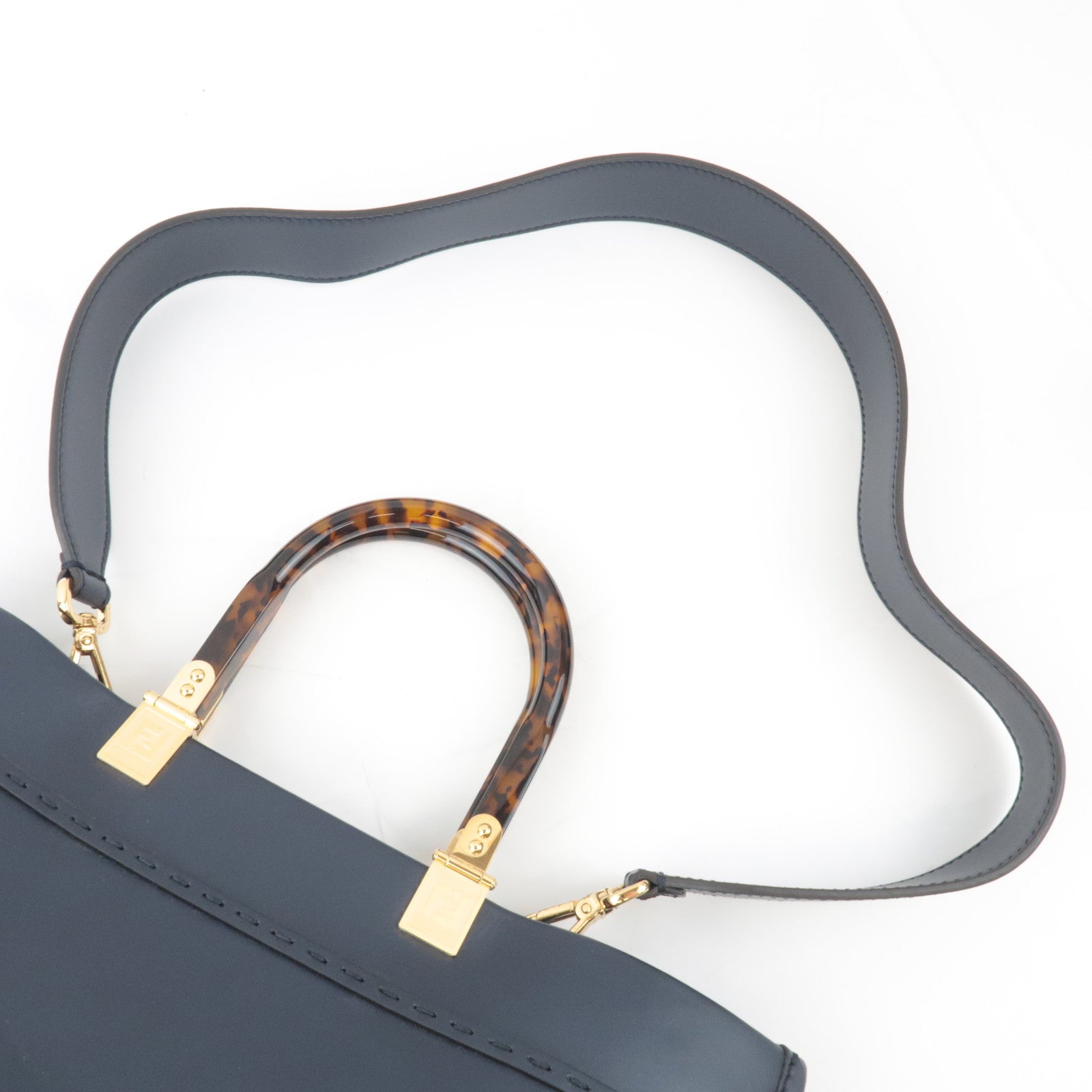 FENDI Sunshine Medium 2Way Leather Tote Bag Dark Navy 8BH386